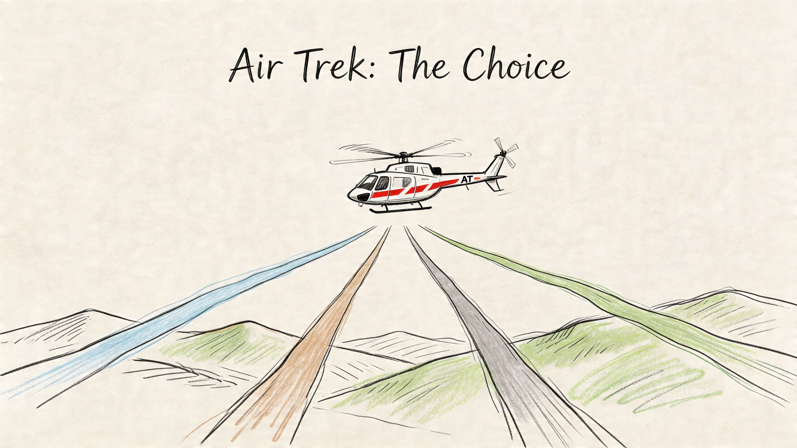 A hand-drawn illustration of a helicopter flying over a landscape with four distinct colored paths below it.