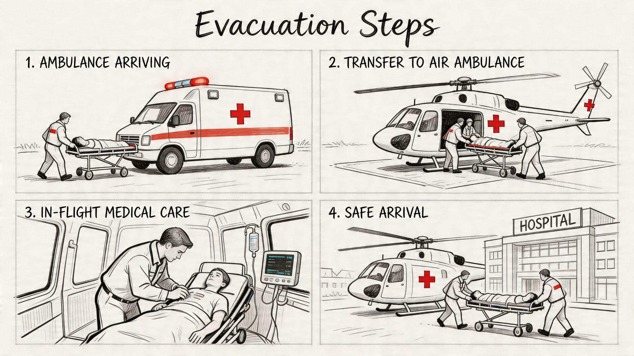 A four-step illustration showing an emergency medical evacuation process, from ground ambulance to air ambulance and hospital arrival.