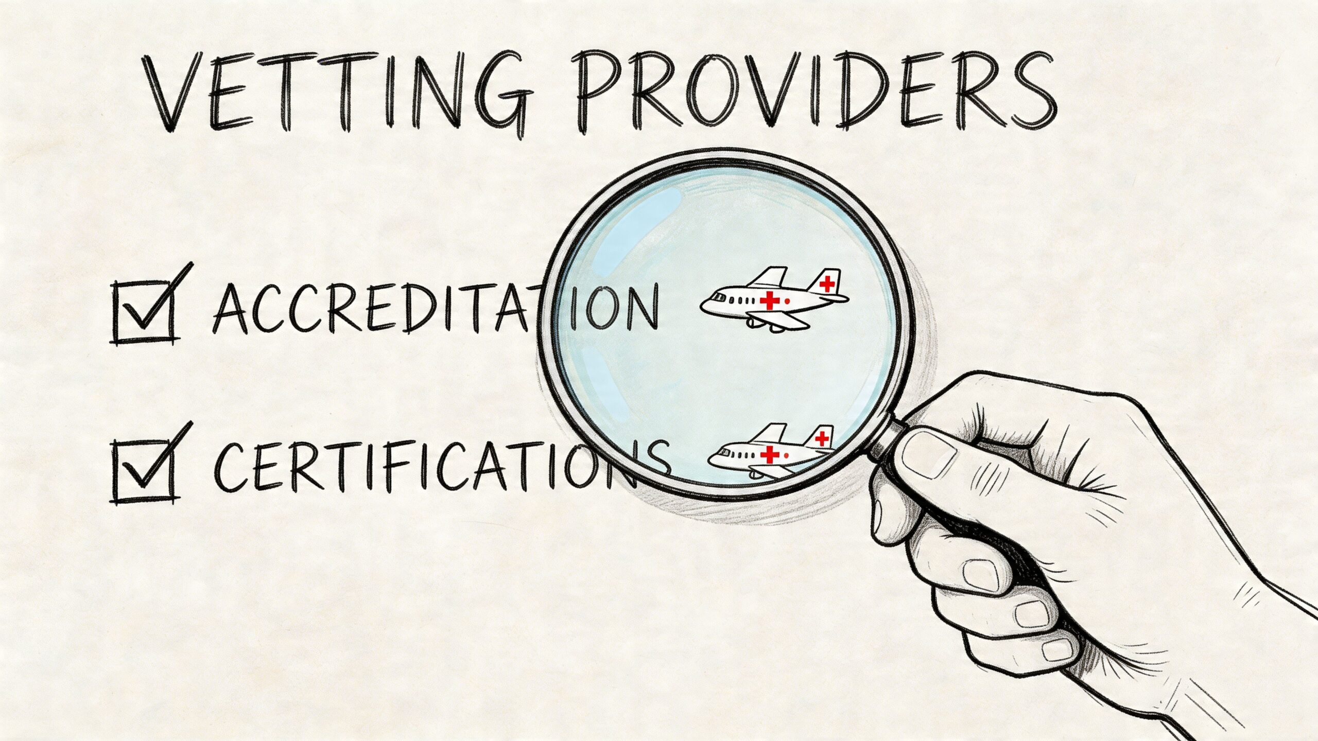 A hand holds a magnifying glass over a checklist titled Vetting Providers for air ambulance services.