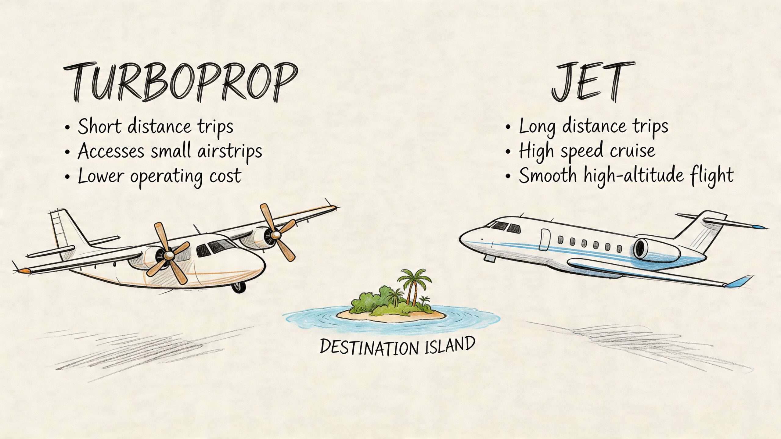An illustration comparing the benefits of turboprop planes versus jet planes for travel to an island.