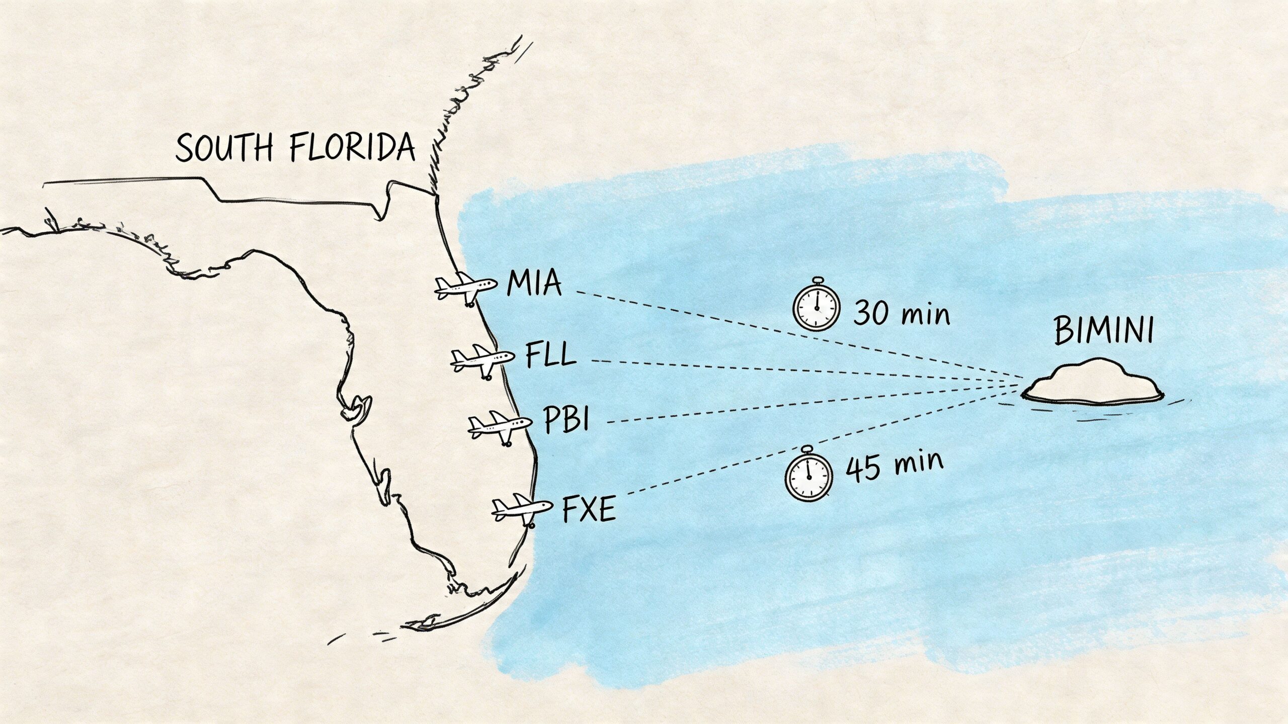 A map illustration showing flight path times from South Florida airports to the island of Bimini.