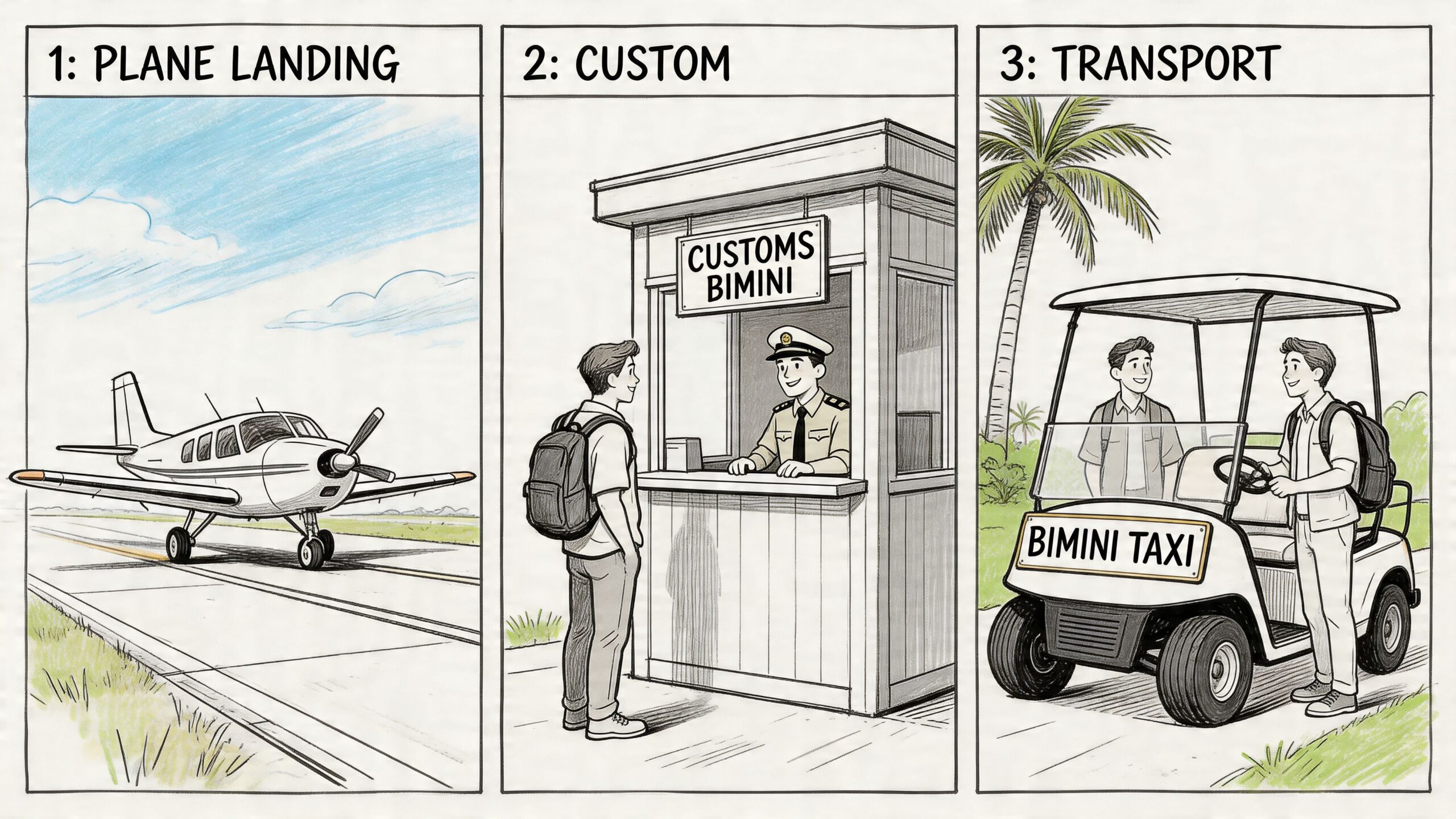 A three-panel comic illustration depicting the arrival process in Bimini, including landing, customs, and transport.