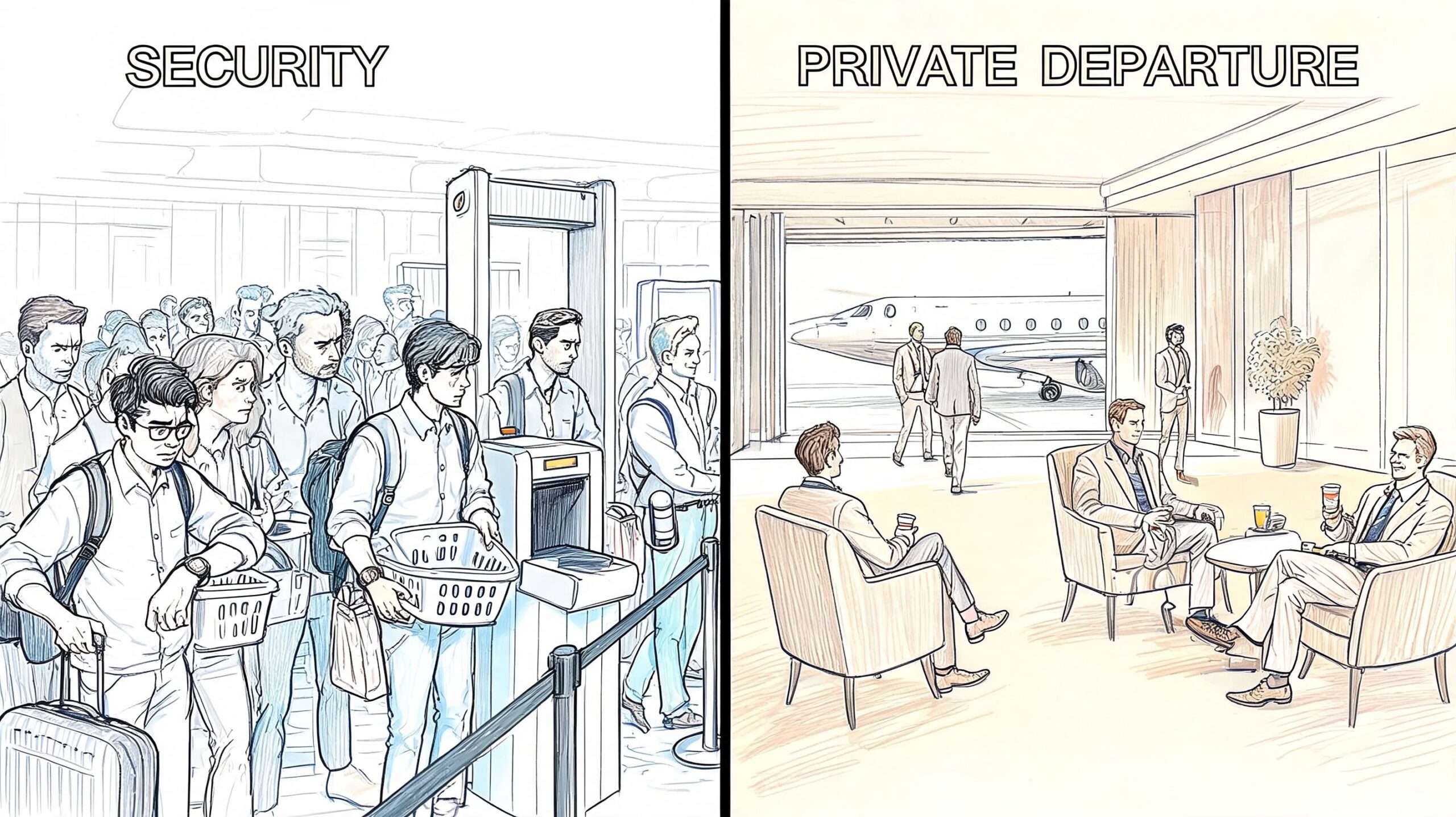 A split image contrasting a crowded airport security line with a luxurious private aviation departure lounge.