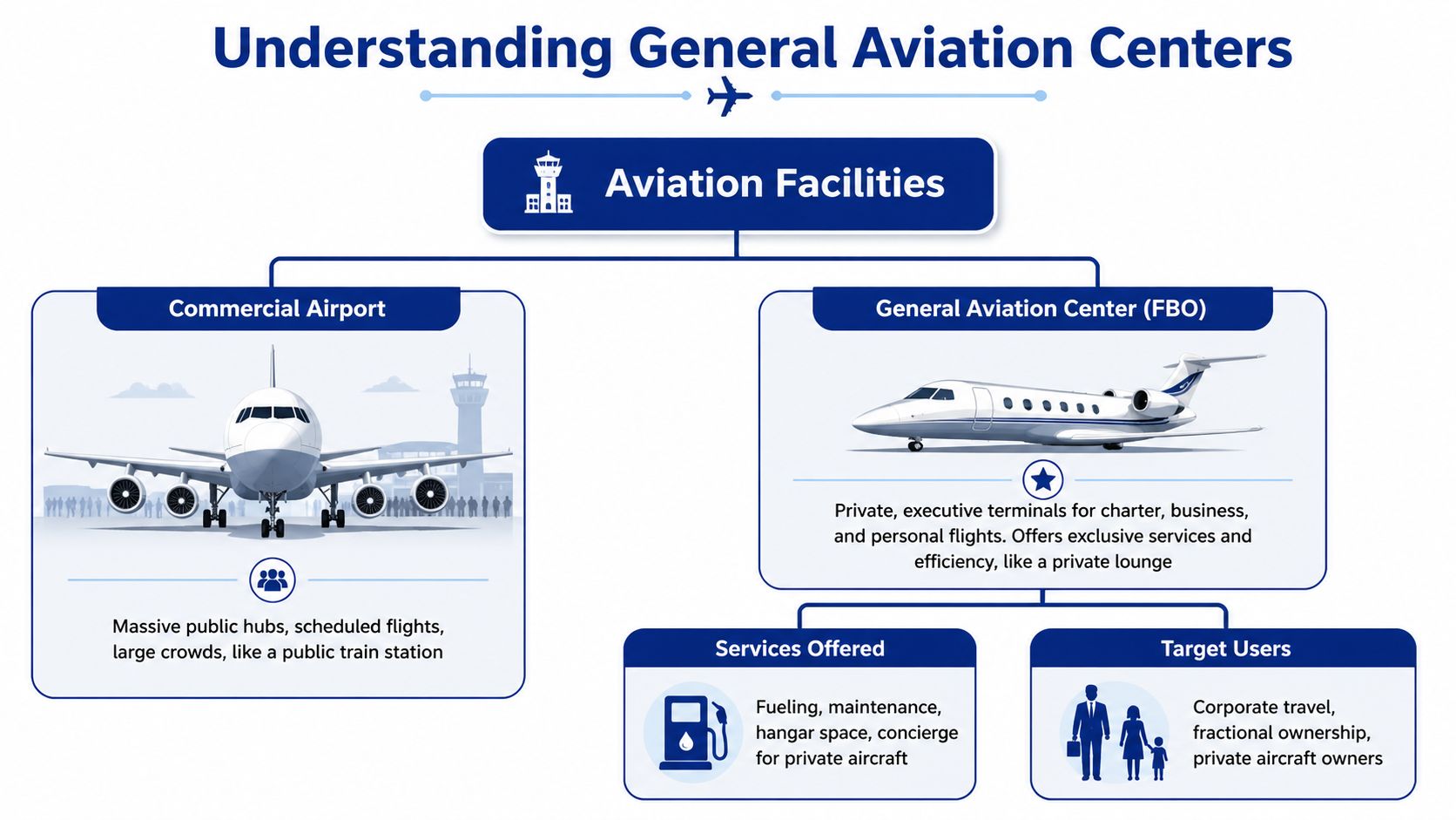 An infographic titled Understanding General Aviation Centers comparing commercial airports to private General Aviation Centers (FBOs).