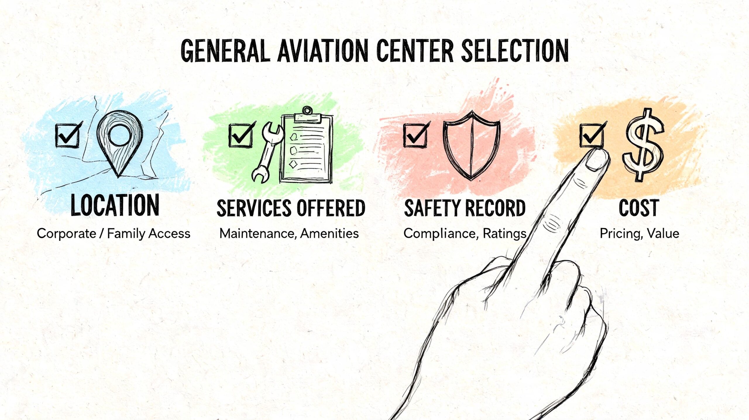 A conceptual illustration highlighting four key factors for selecting a general aviation center including location, services, safety, and cost.