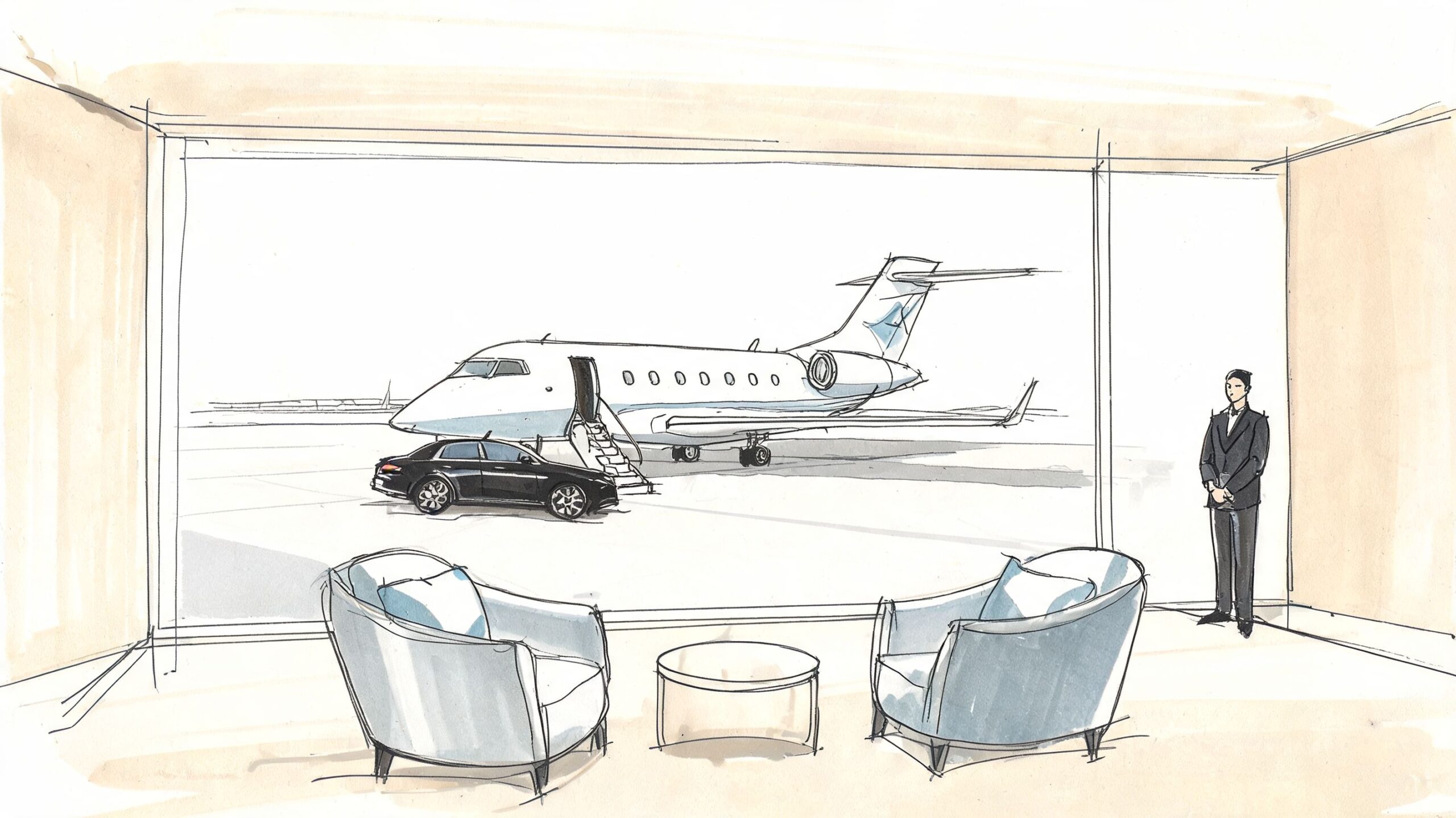 A digital sketch of an airport lounge with a private jet and car outside.