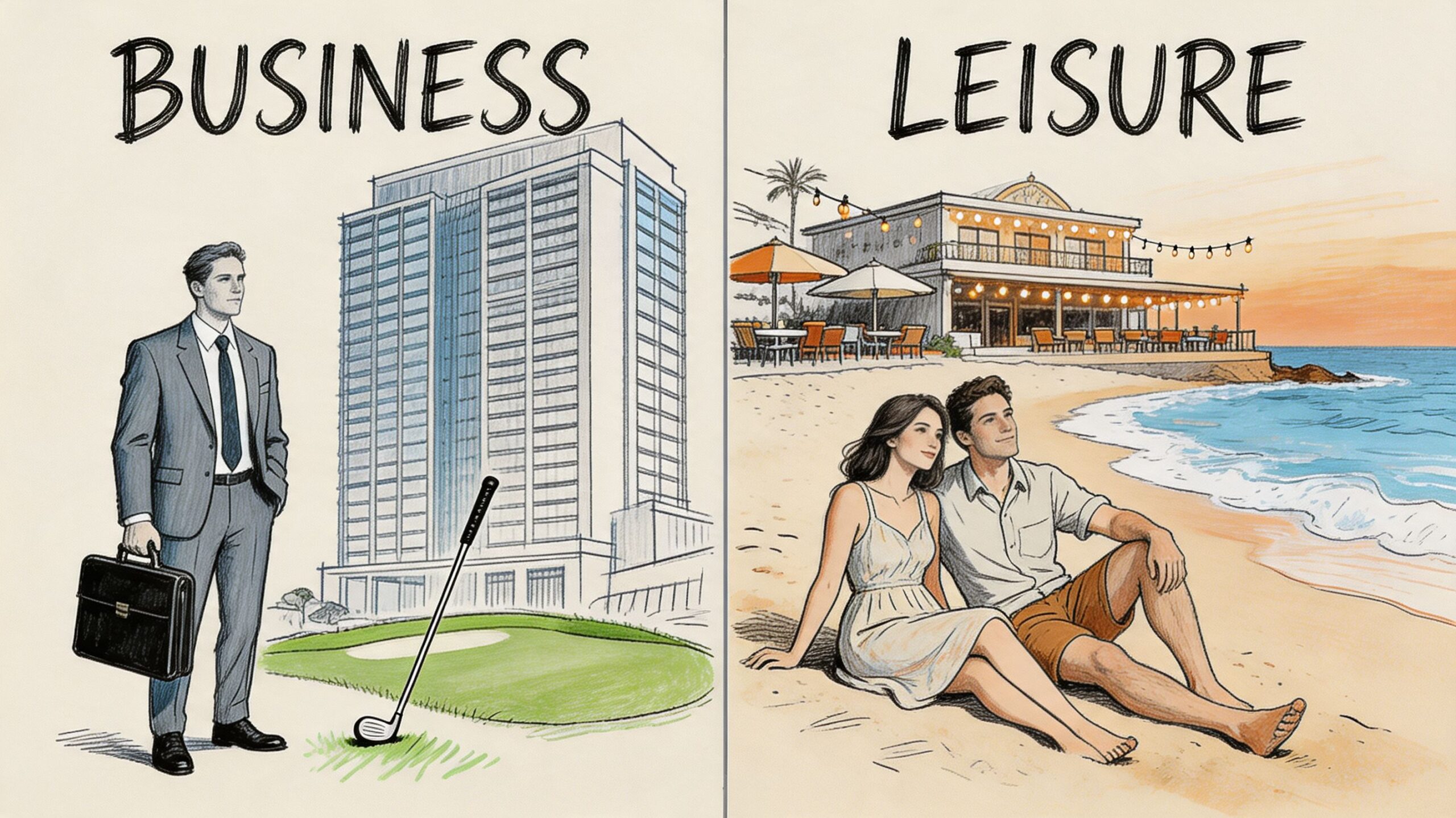 A split image contrasting a man in a business suit with a couple relaxing on a beach.