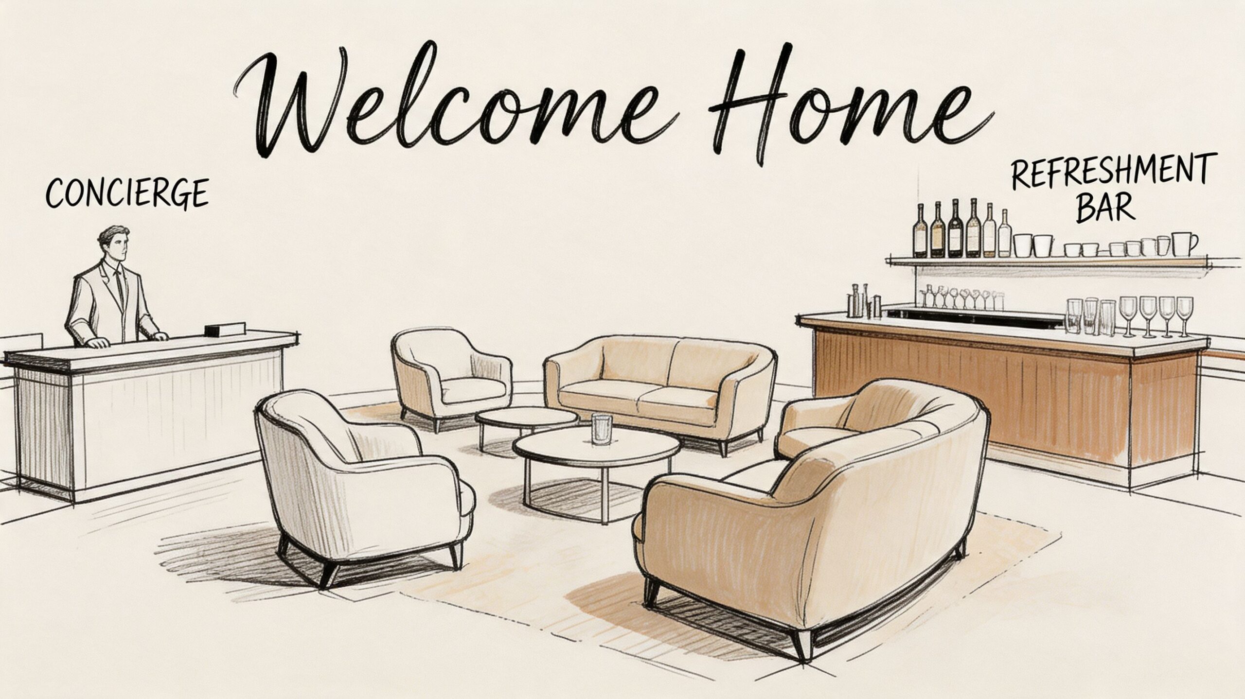 A warm pencil sketch of a modern apartment lobby with a concierge desk and a refreshment bar.
