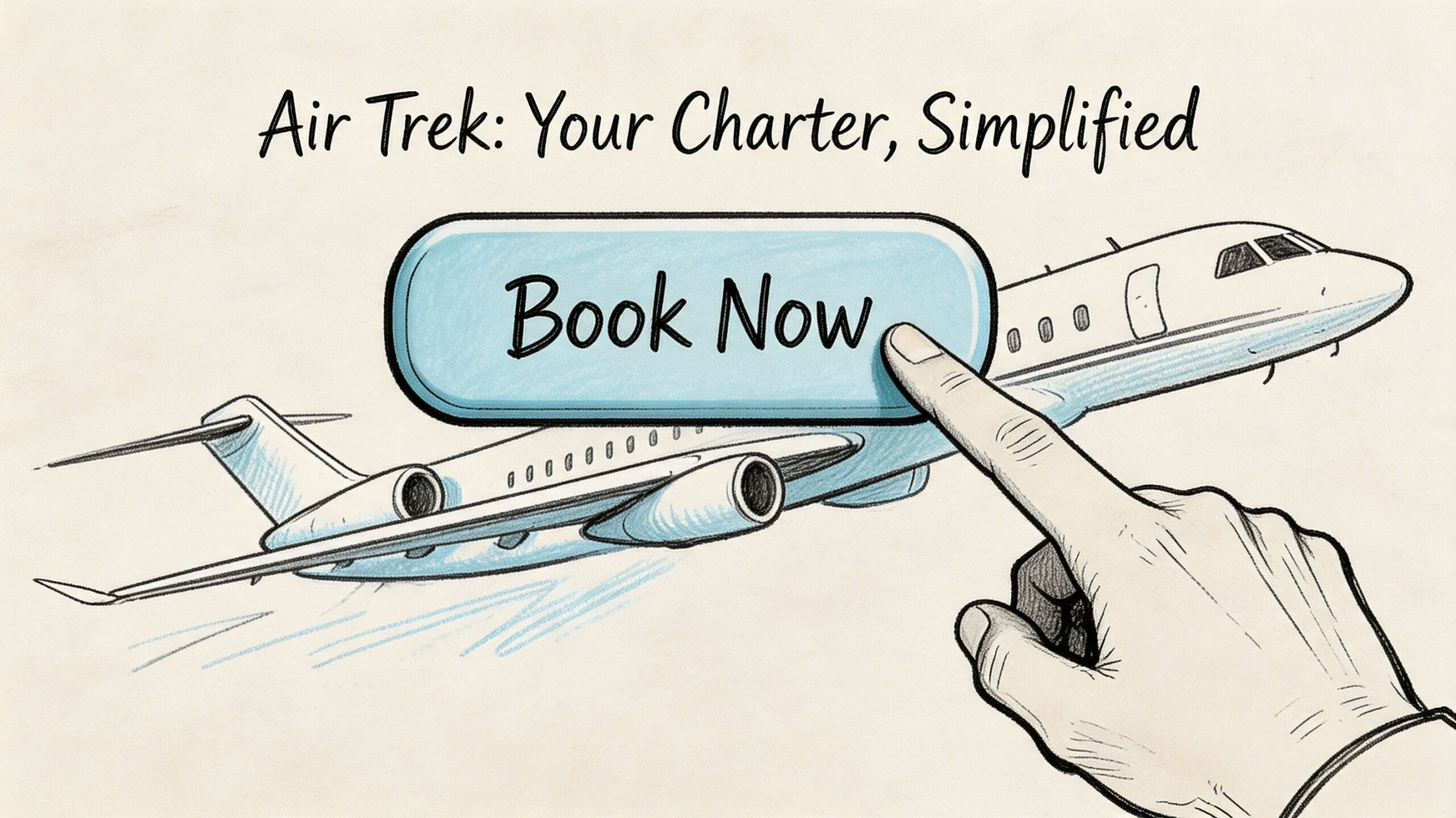 A hand pointing at a Book Now button in front of a private jet illustration.