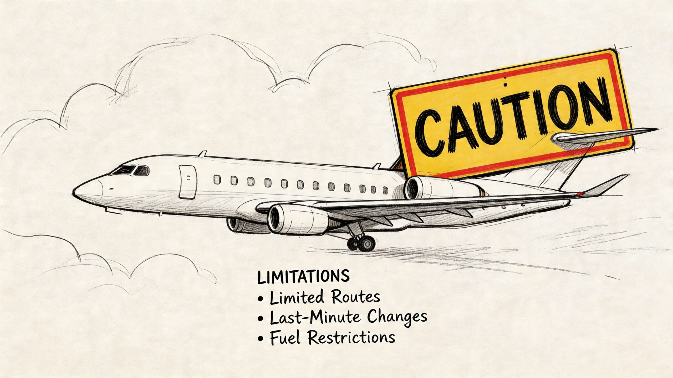 A hand-drawn illustration of a private jet with a caution sign highlighting potential travel limitations.