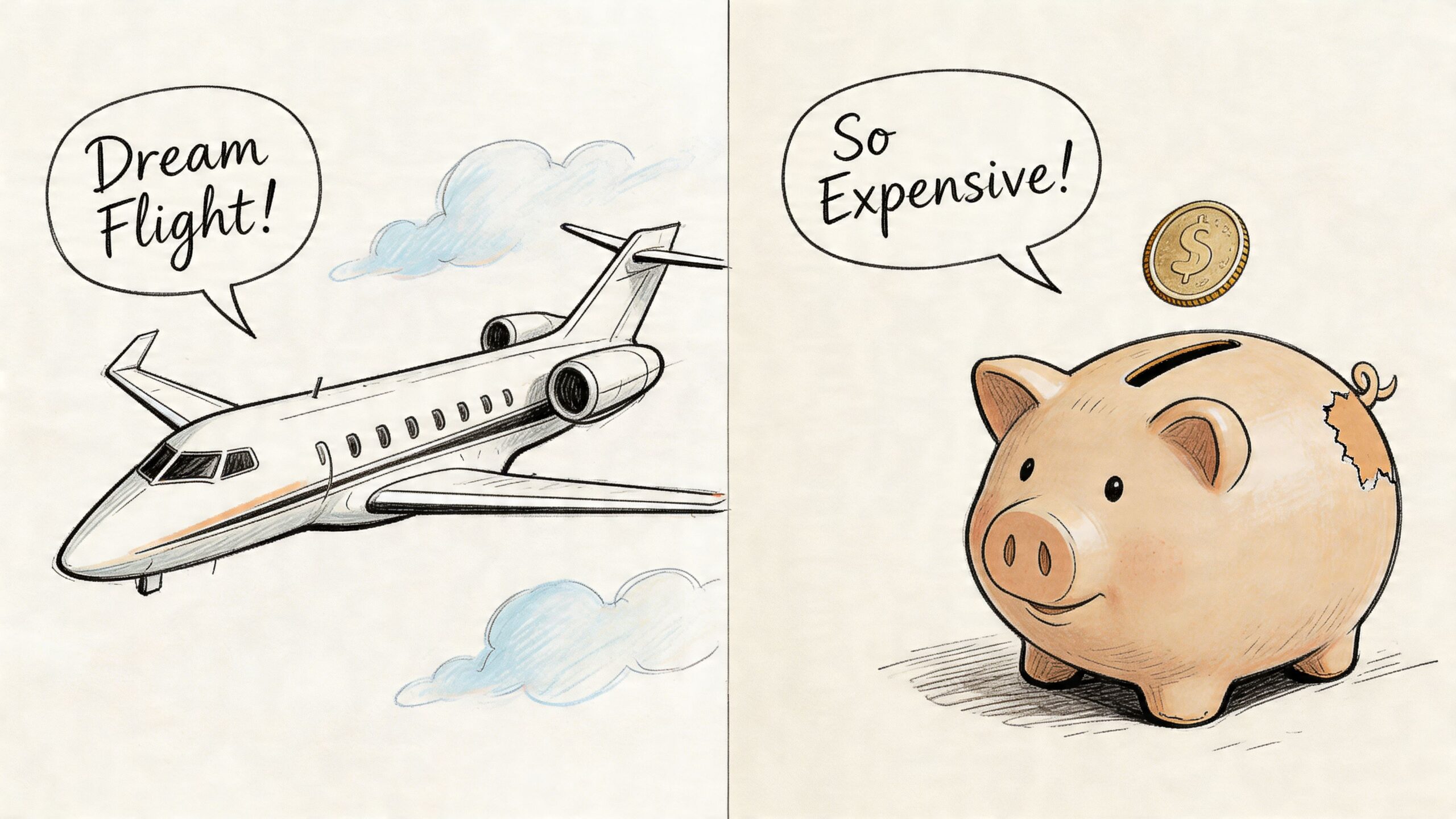 A split illustration showing a private jet on one side and a piggy bank on the other.