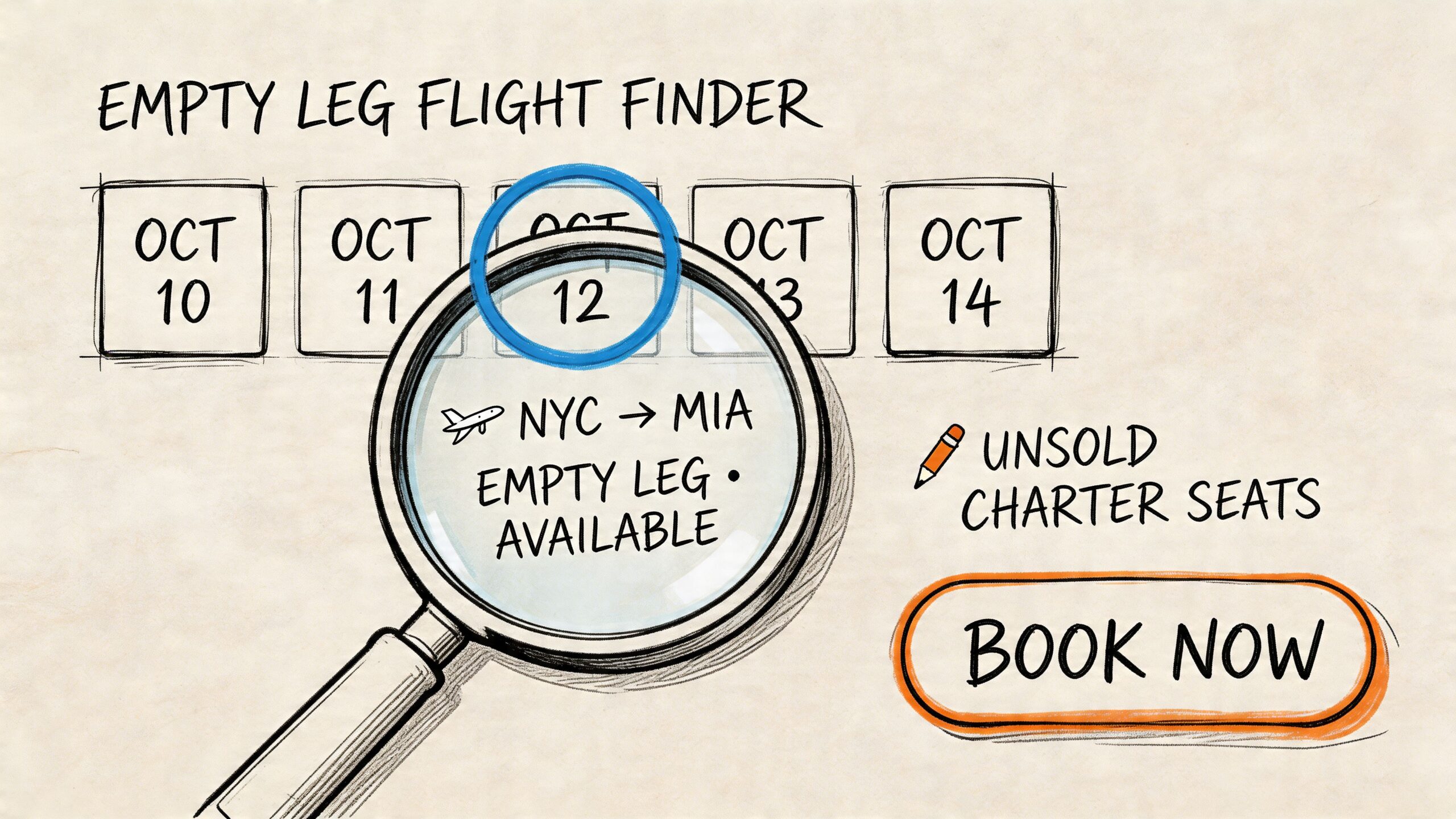 A hand-drawn illustration showing a magnifying glass over October 12, highlighting an available empty leg flight.