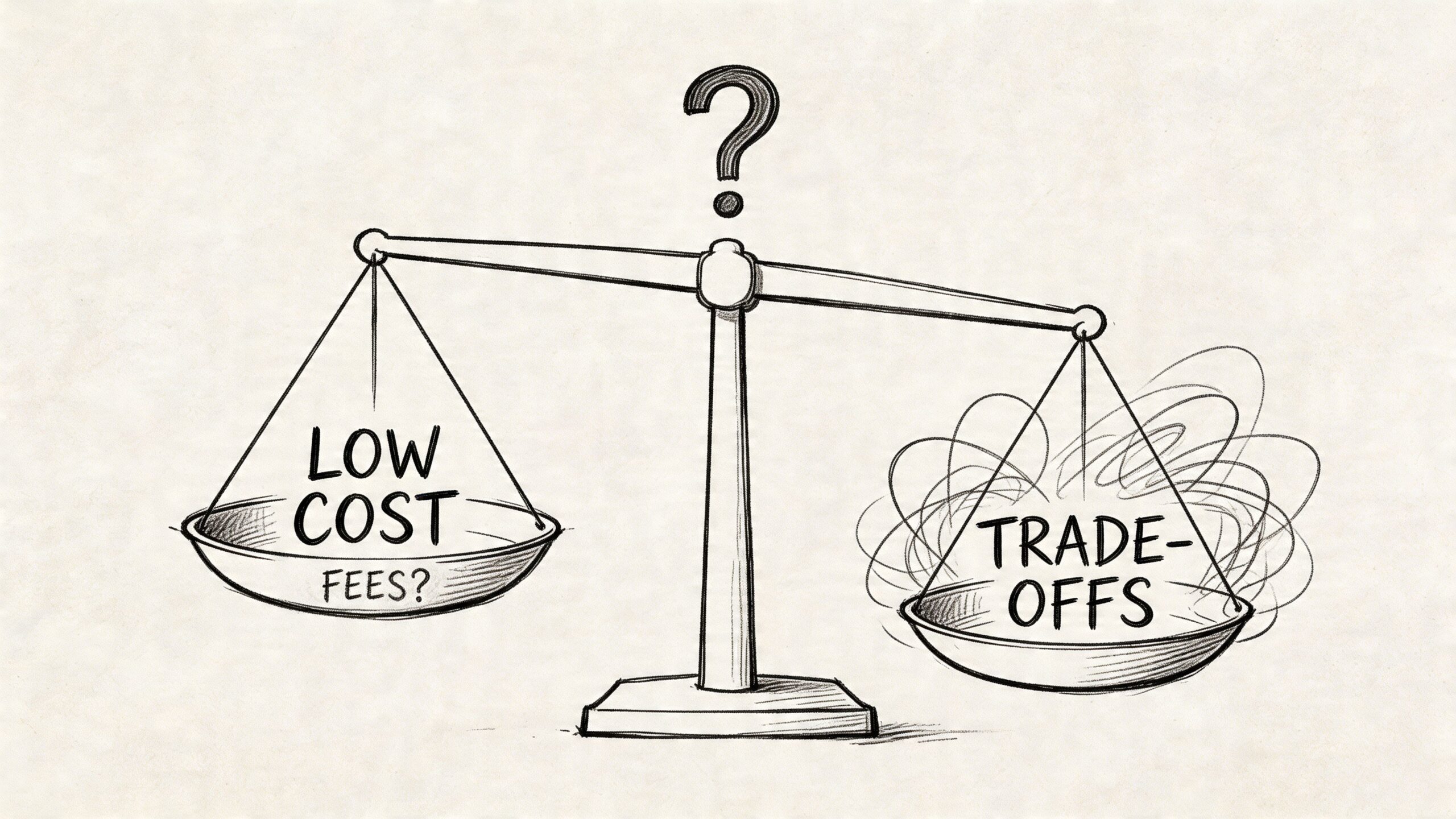 A conceptual sketch of a balance scale weighing the concept of low cost fees against hidden trade-offs.