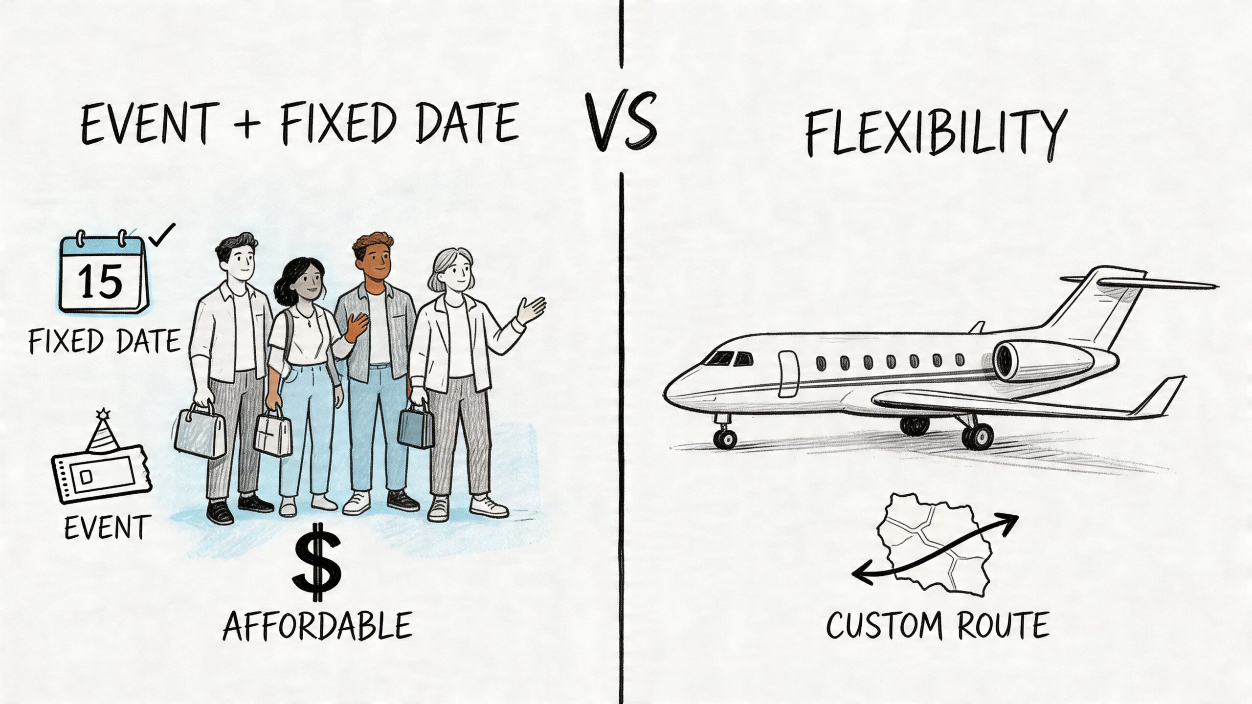 A split image comparing traditional event travel with fixed dates to private jet charter flexibility.
