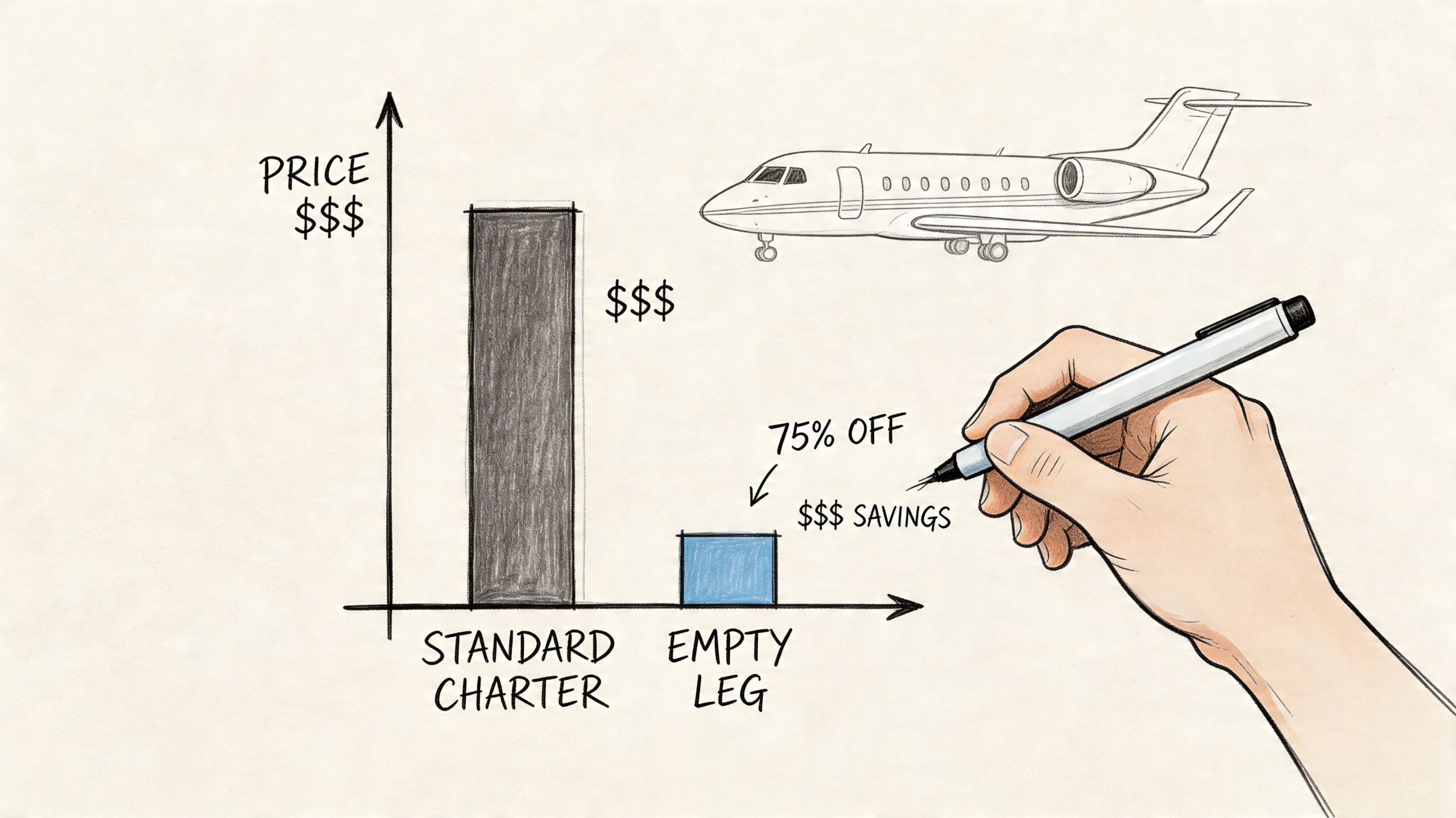A hand drawing a chart showing the significant price difference between a standard charter and an empty leg flight.