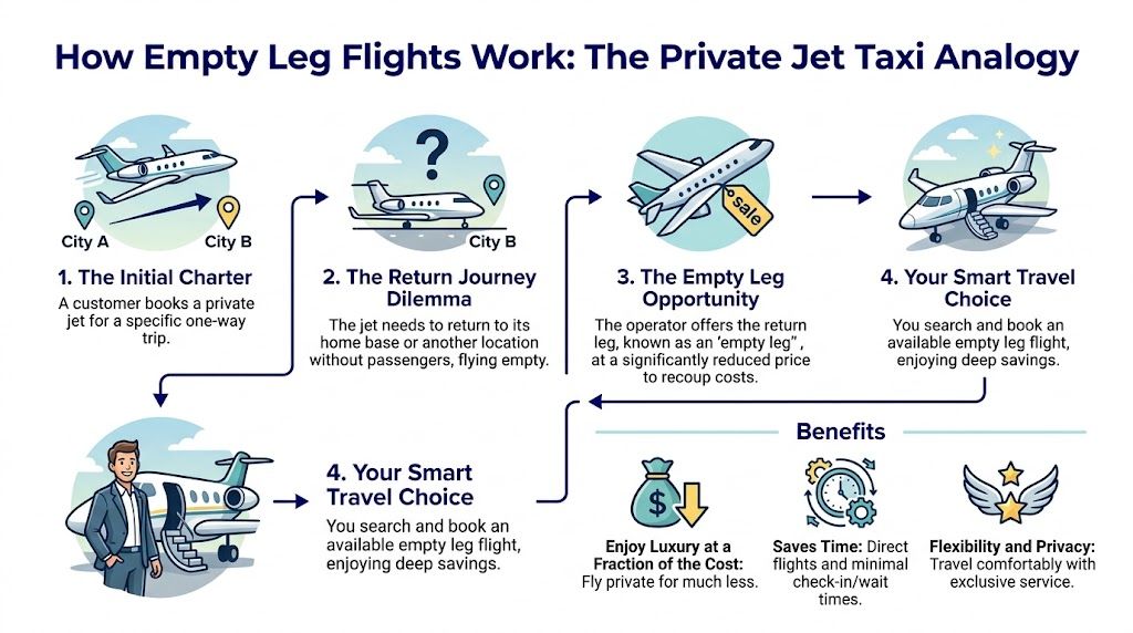 A diagram illustrating the concept of private jet empty leg flights and their associated travel benefits.