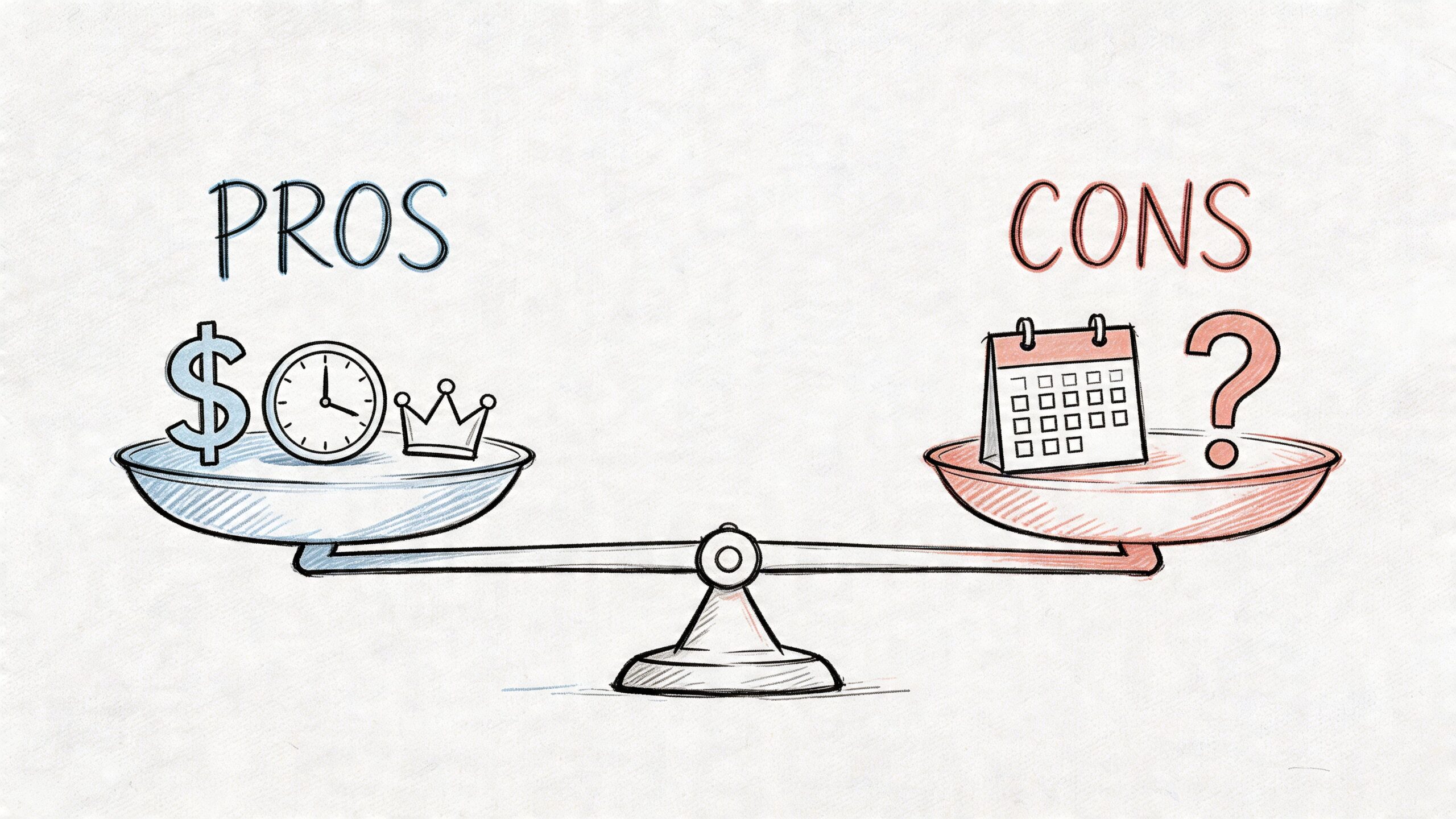 A hand-drawn scale illustration comparing pros and cons with financial, time, and scheduling symbols.