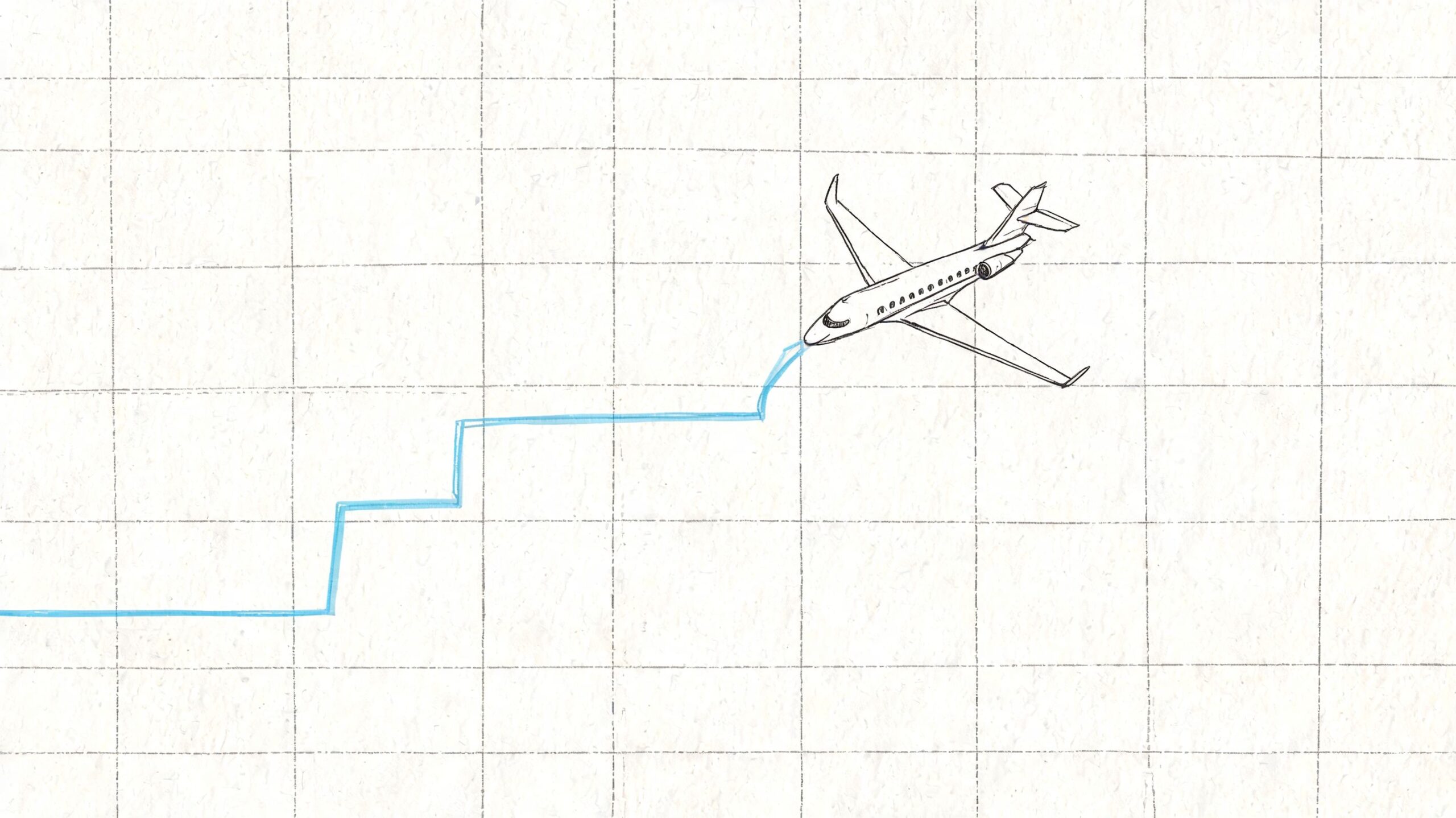 A hand-drawn sketch of a private jet airplane following a rising blue step-shaped line on graph paper.