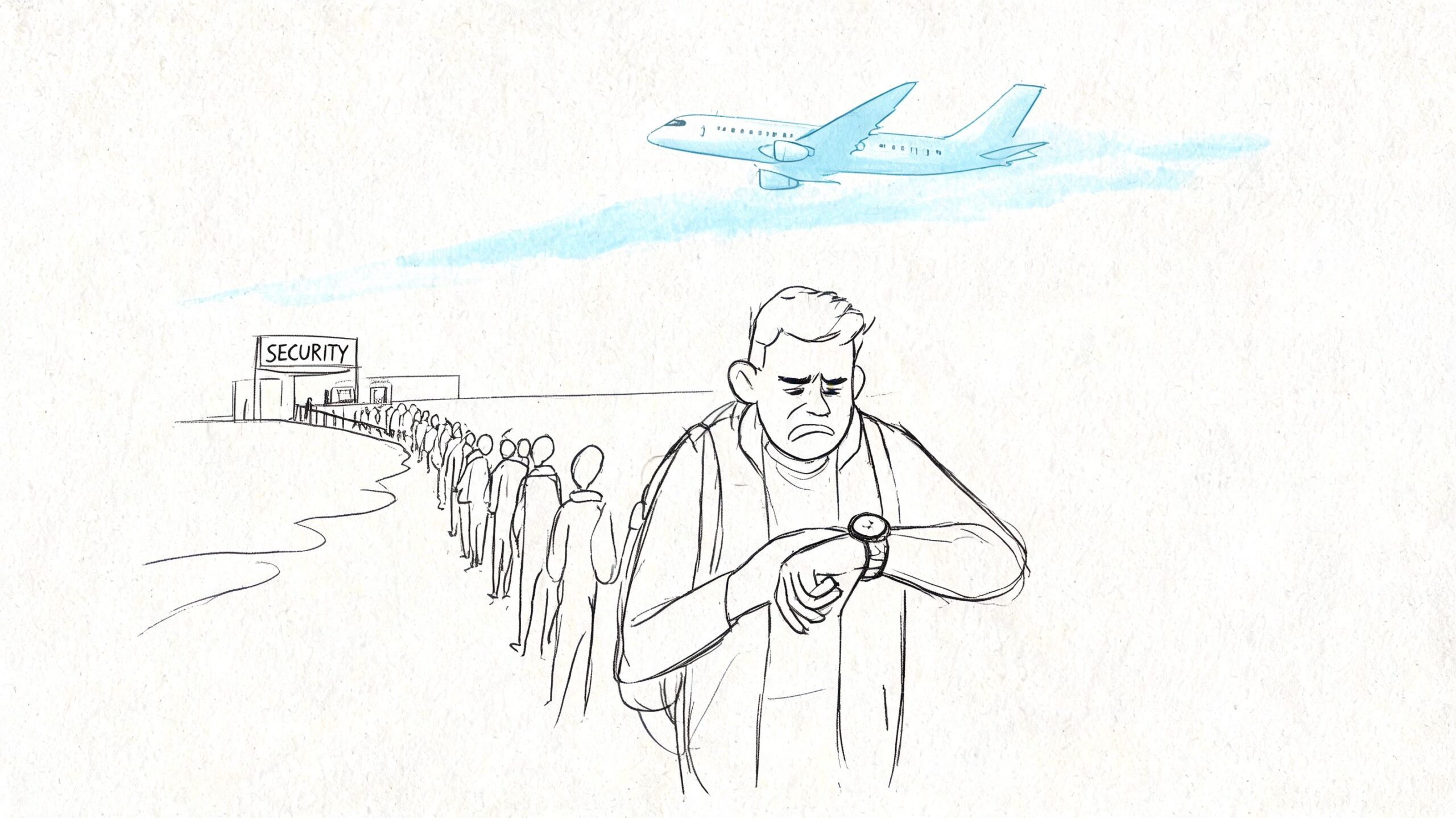 A worried traveler checking their watch while standing in a long airport security line with planes overhead.