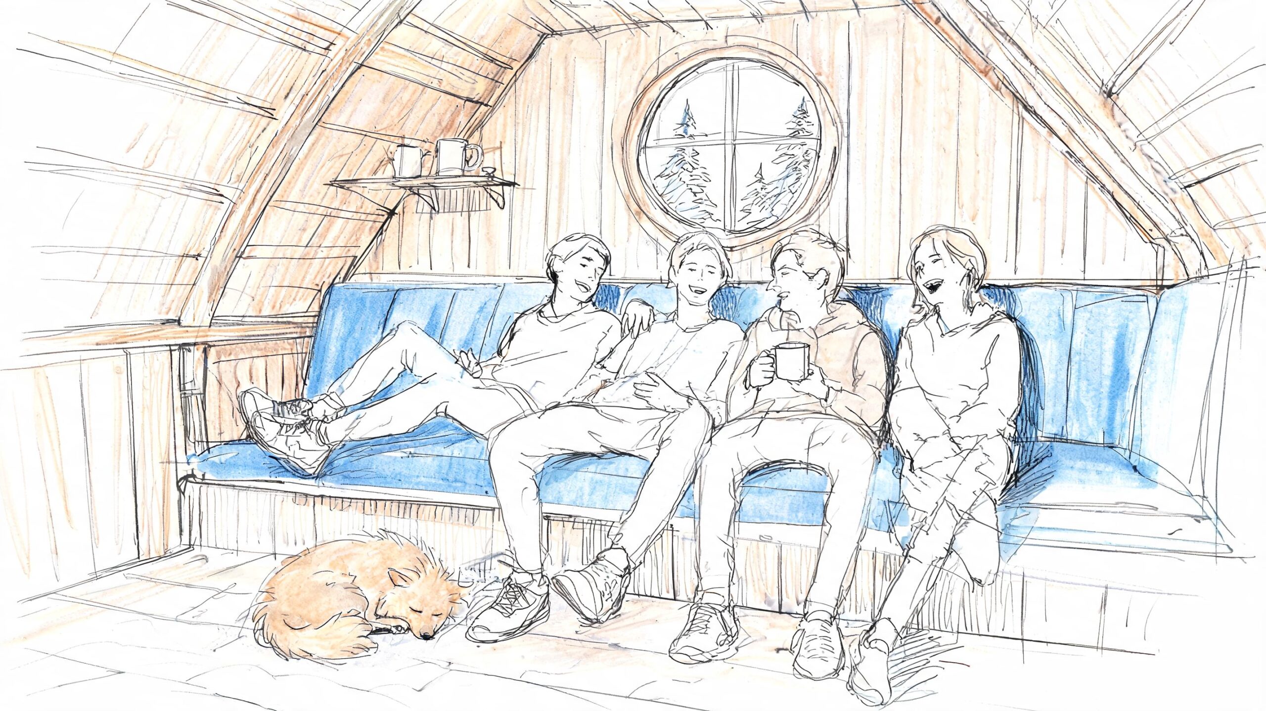 Four friends sitting on a blue sofa in a cozy attic cabin with a sleeping dog.