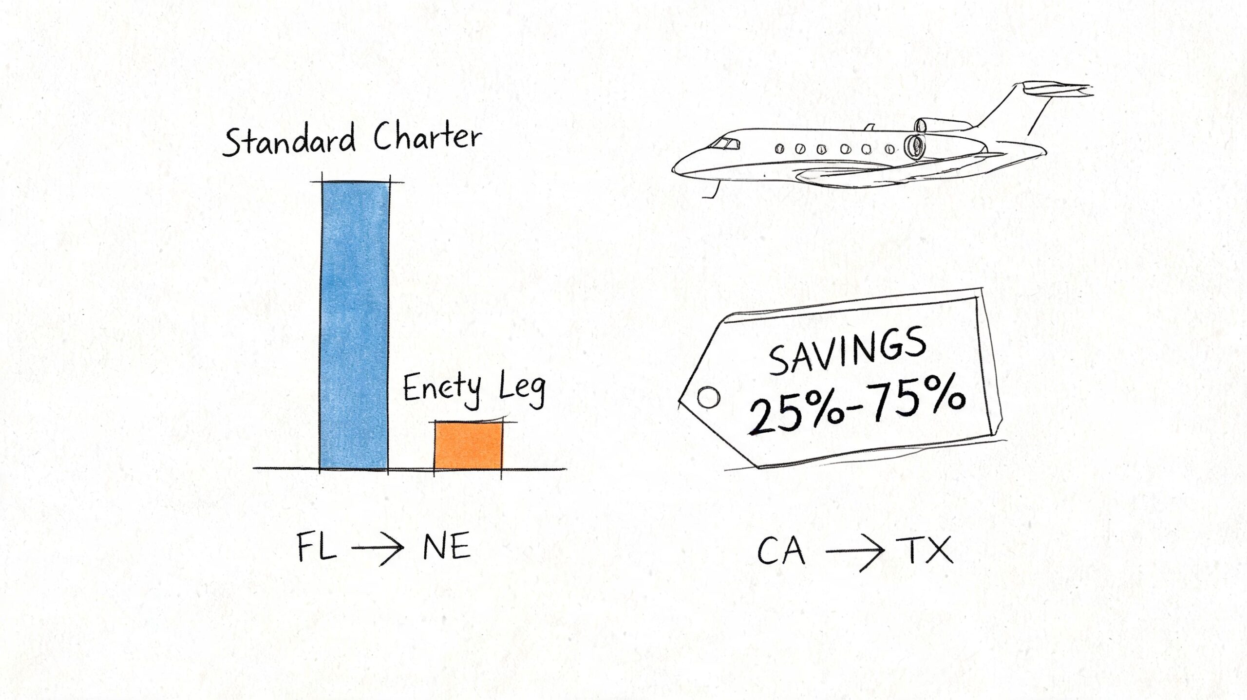 A diagram comparing the cost of a standard private jet charter versus an empty leg flight.