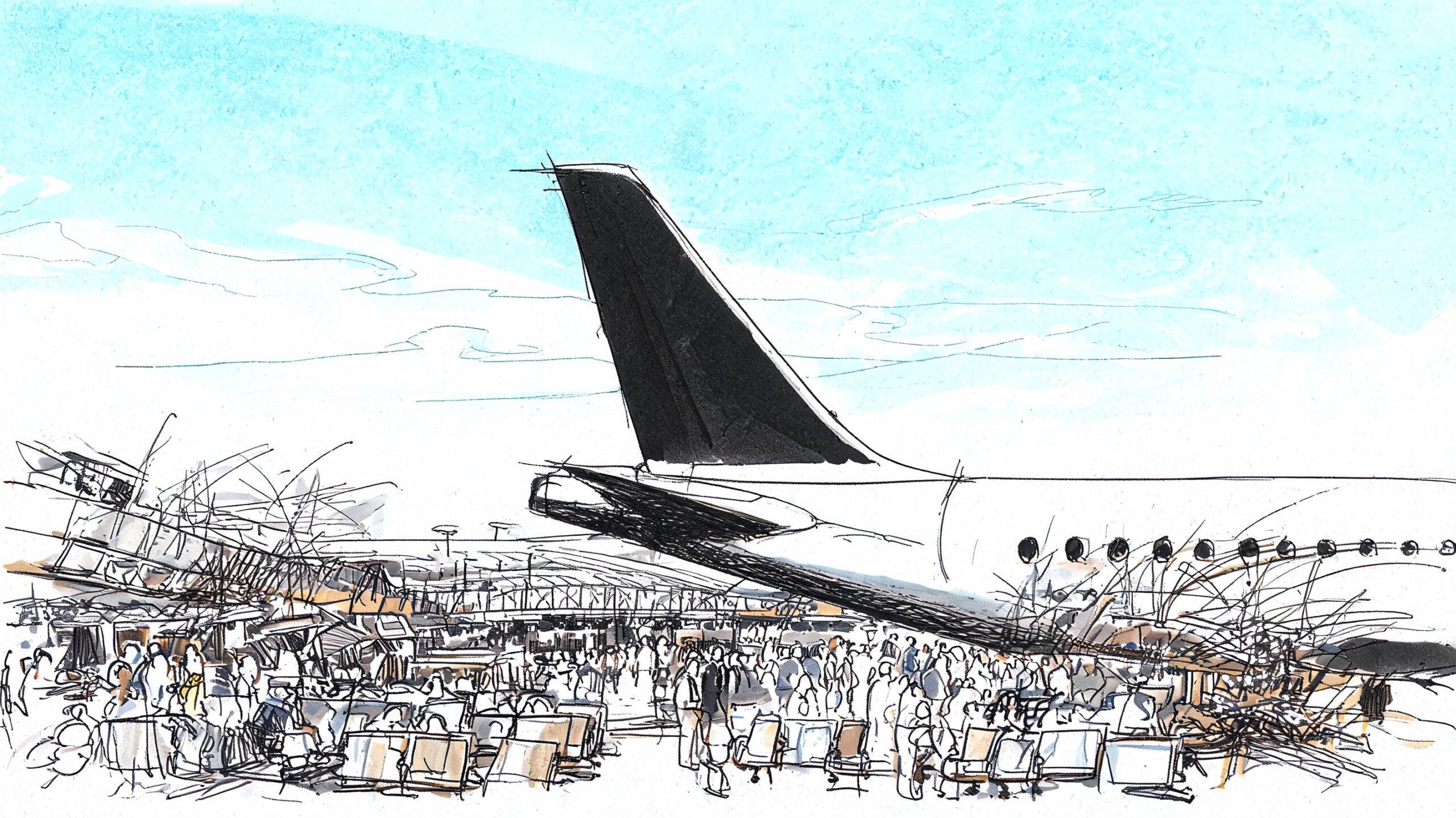 A detailed ink and watercolor sketch showing a view of a busy airport terminal gate area.