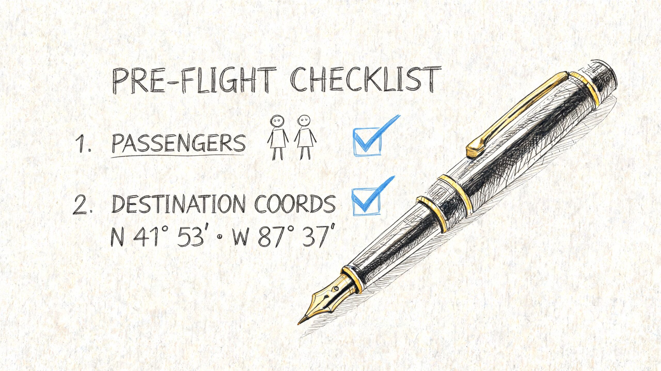 A hand-drawn pre-flight checklist featuring passengers and destination coordinates next to a luxury fountain pen.