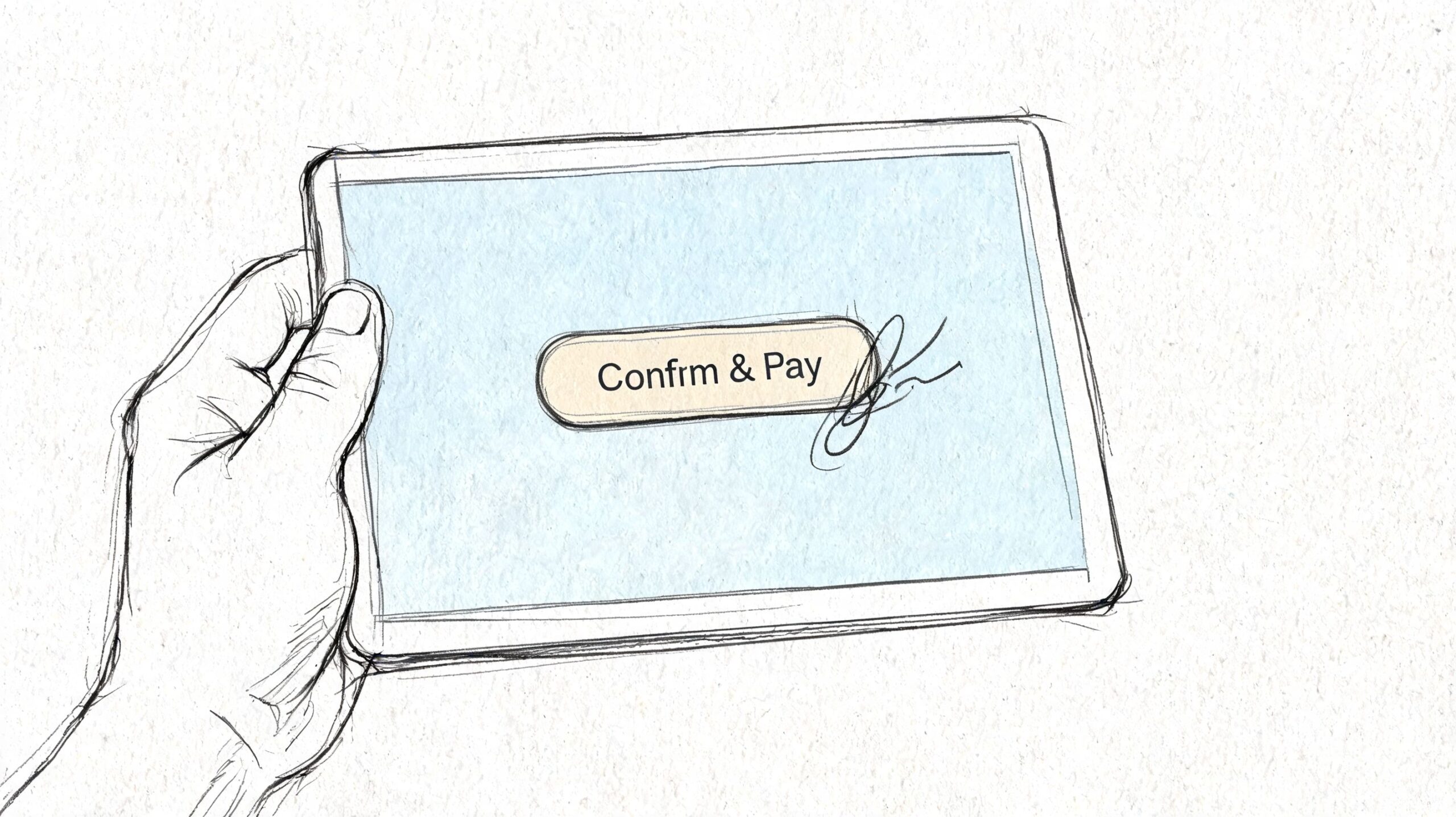 A hand holding a digital tablet featuring a Confirm and Pay button for a transaction.