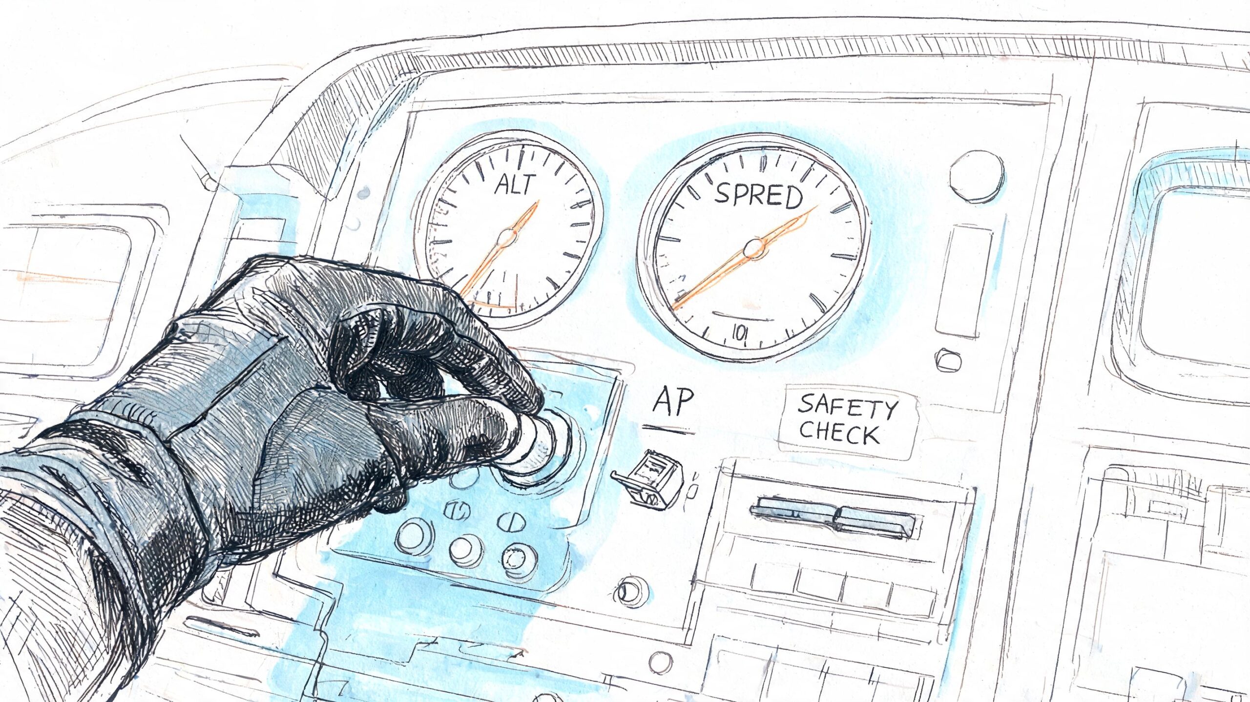 A hand in a glove operating the flight controls on an airplane dashboard with analog gauges.
