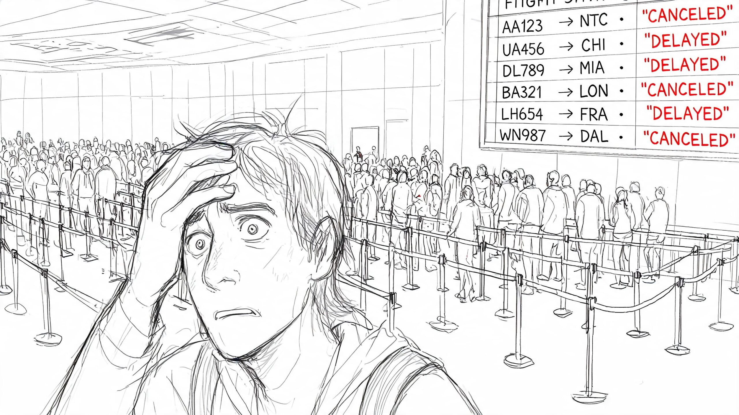 A distressed traveler standing in a crowded airport queue with flight status displays showing cancellations and delays.