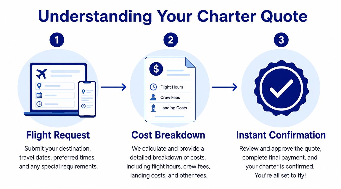 A three-step infographic titled Understanding Your Charter Quote, illustrating the process of requesting and confirming on demand charter flights.
