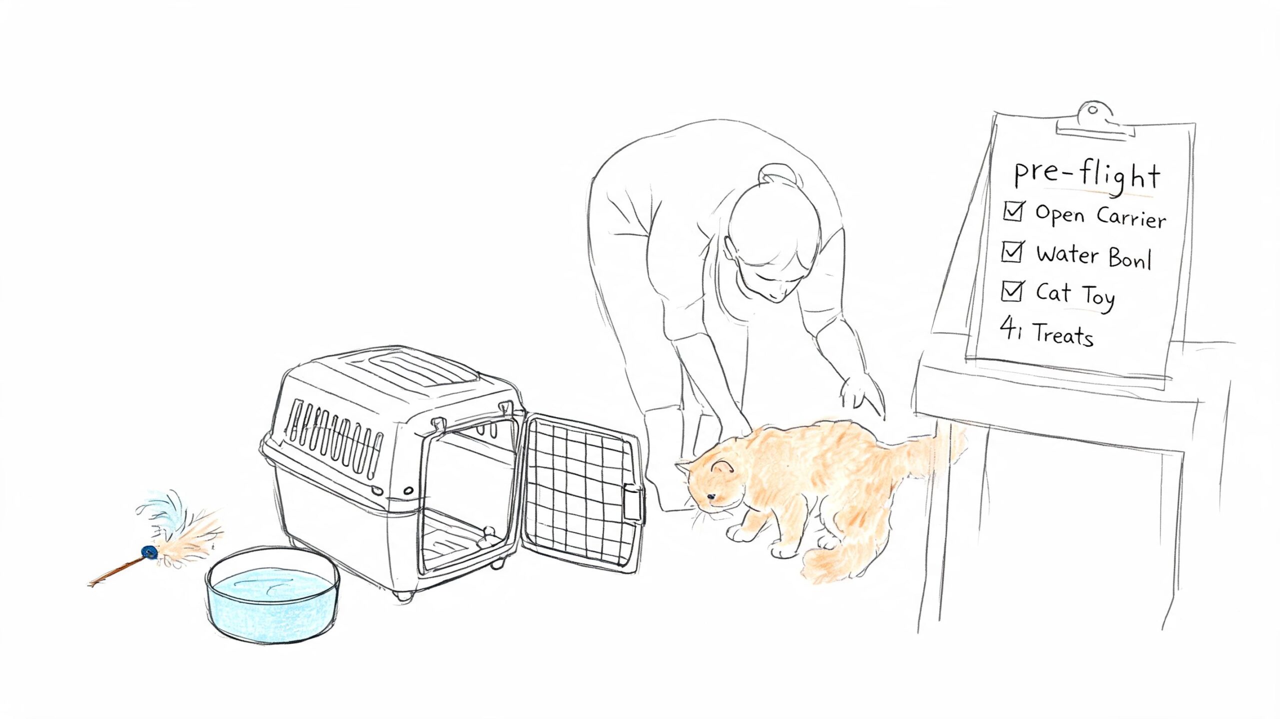 A person prepares an orange cat for travel by putting a cat carrier and supplies on a list.