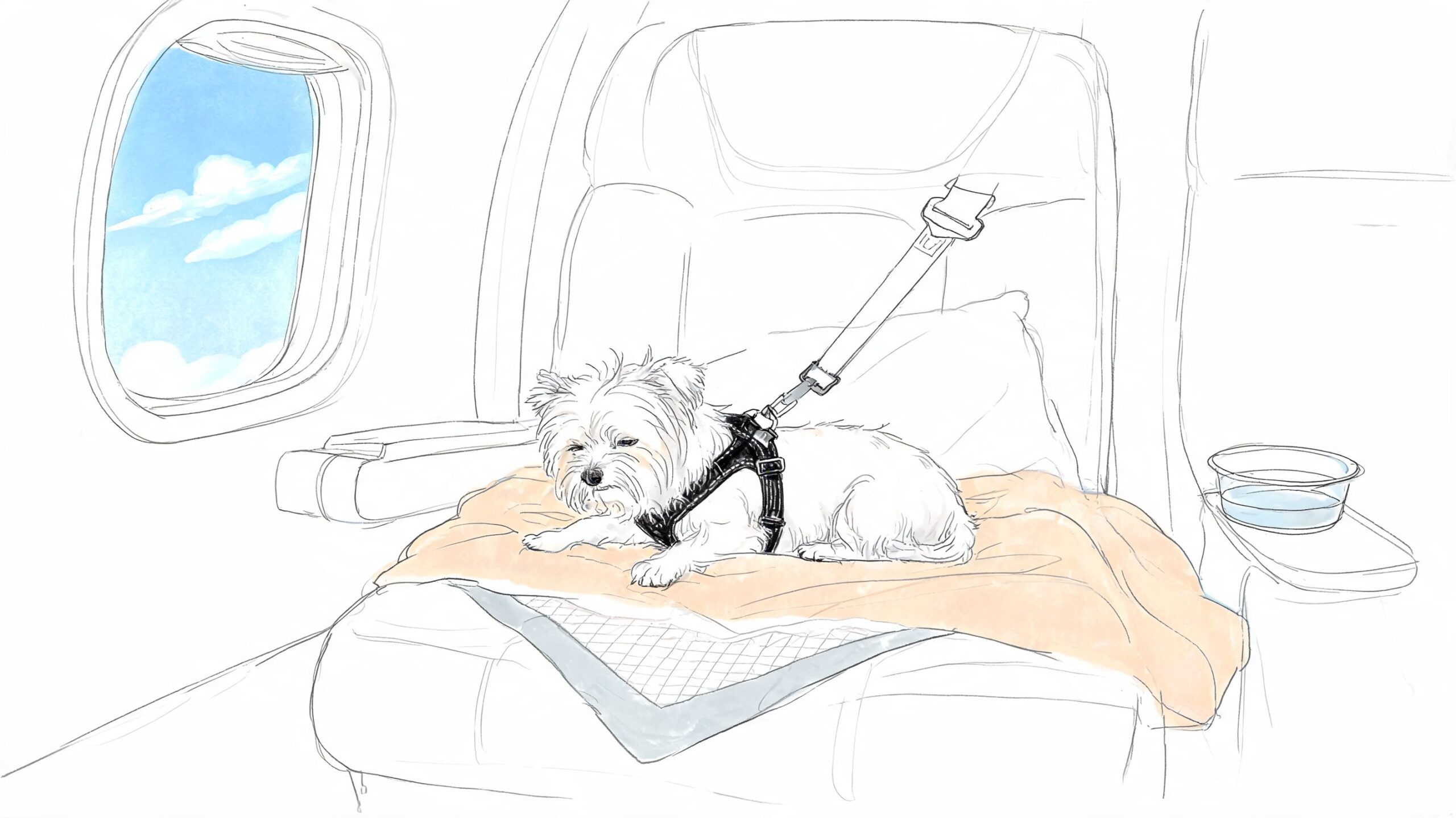 A small white dog resting on a blanket on a comfortable private jet seat next to a window.