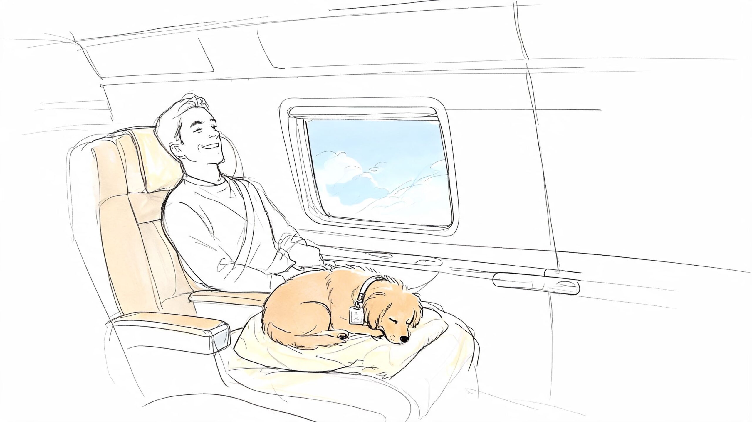A man smiling happily while sitting on a private jet with his dog sleeping on his lap.