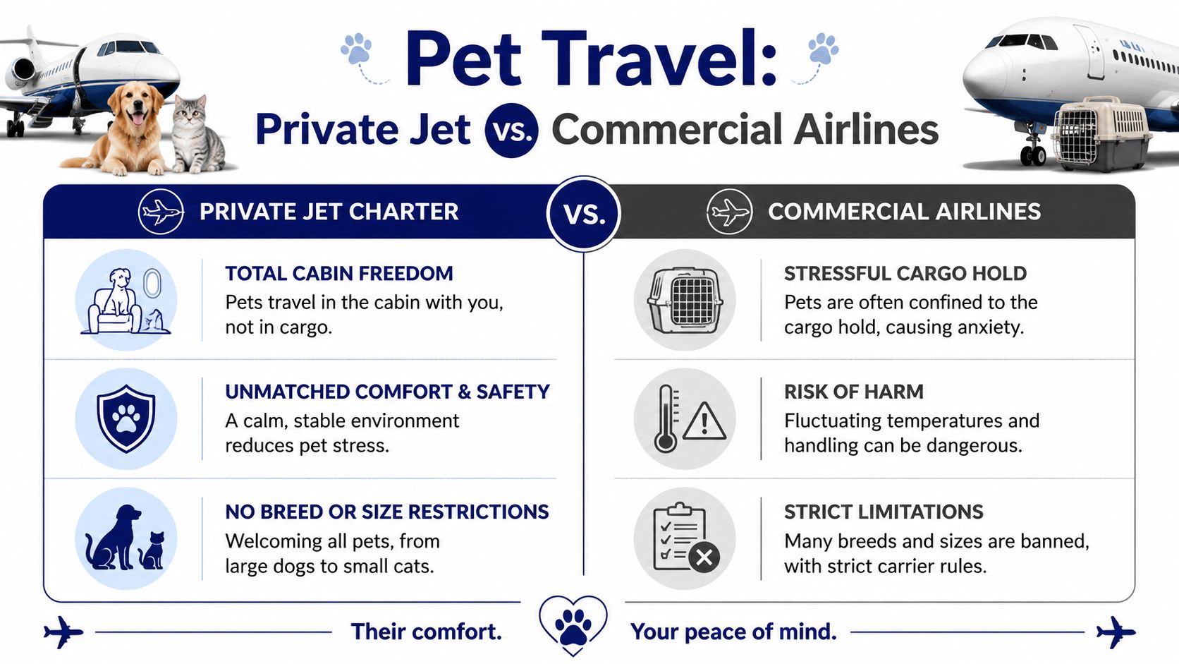 A comparison infographic between traveling with pets on a private jet versus a commercial airline flight.