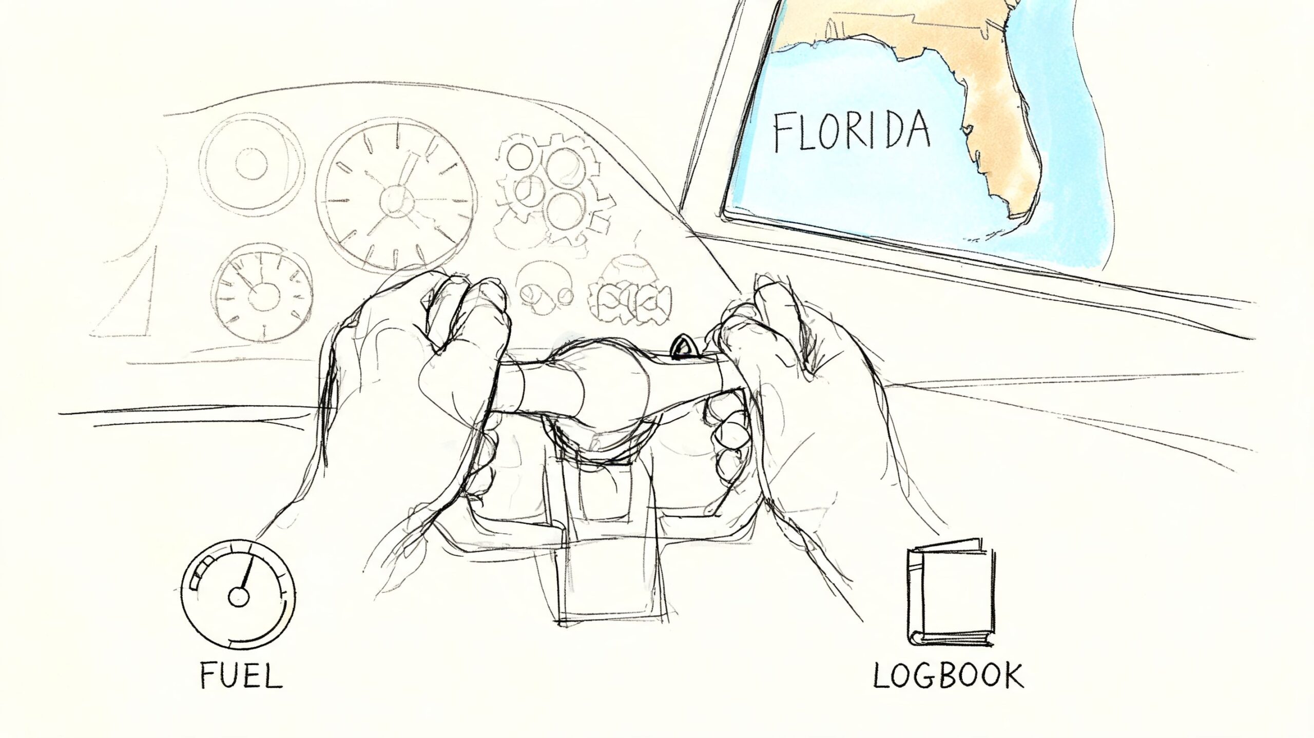 A hand-drawn sketch of a pilot's perspective inside a cockpit with a Florida map and logbook.