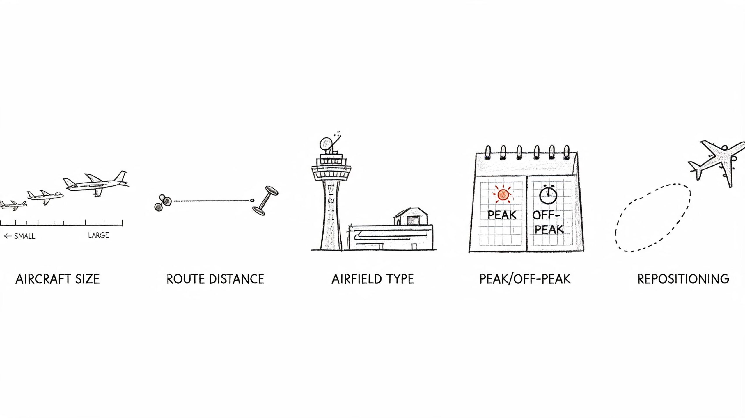 A diagram illustrating five key factors influencing private jet charter pricing, including aircraft size and route distance.