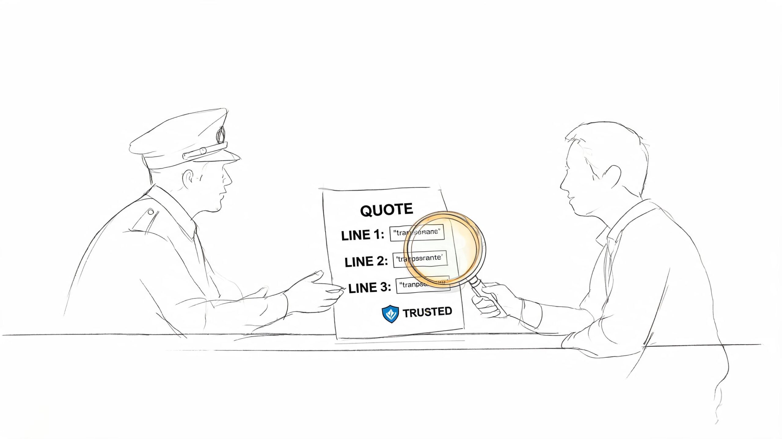 A line drawing of a pilot presenting a quote to a passenger holding a magnifying glass.