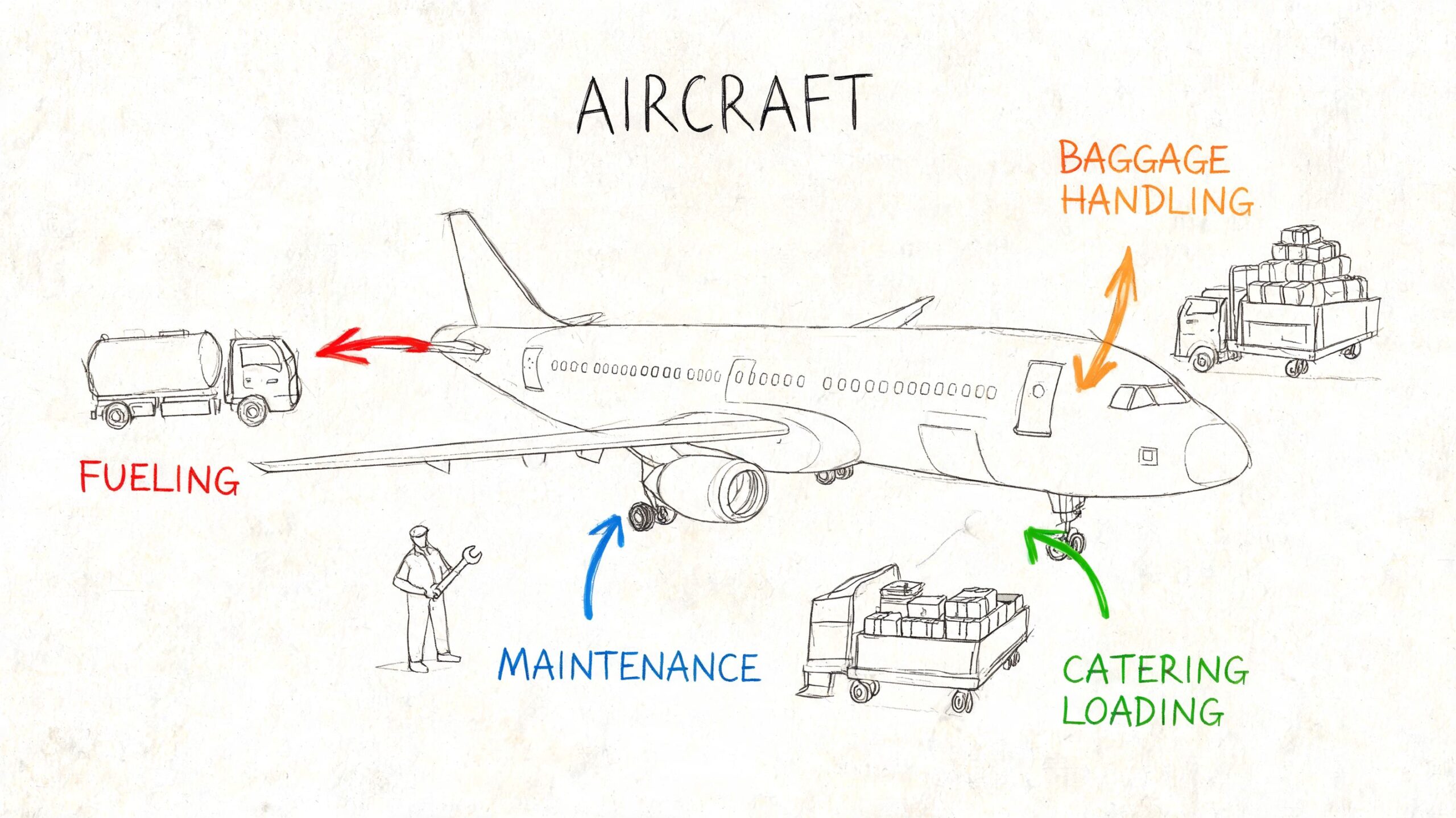 A pencil sketch of an aircraft on the tarmac surrounded by support vehicles and maintenance personnel.