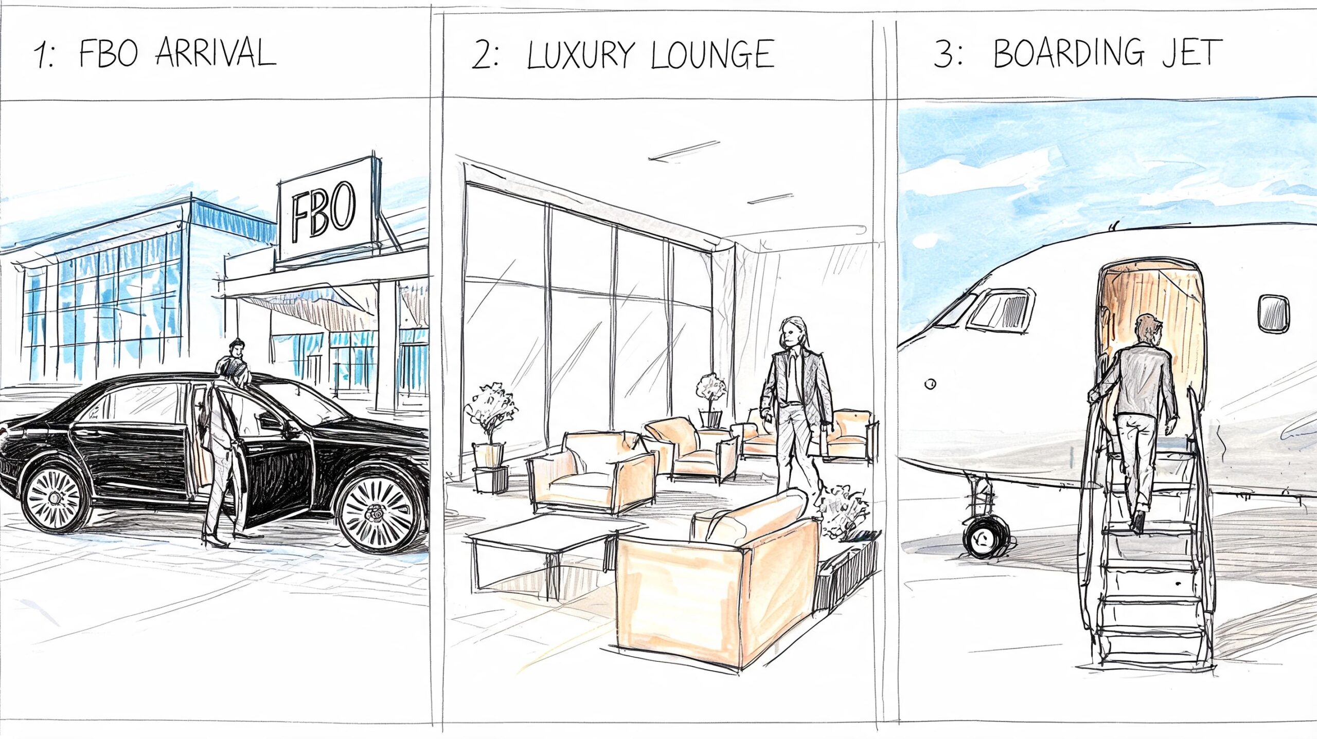 A three-part illustration showing the seamless travel process of arriving at a private jet FBO terminal.