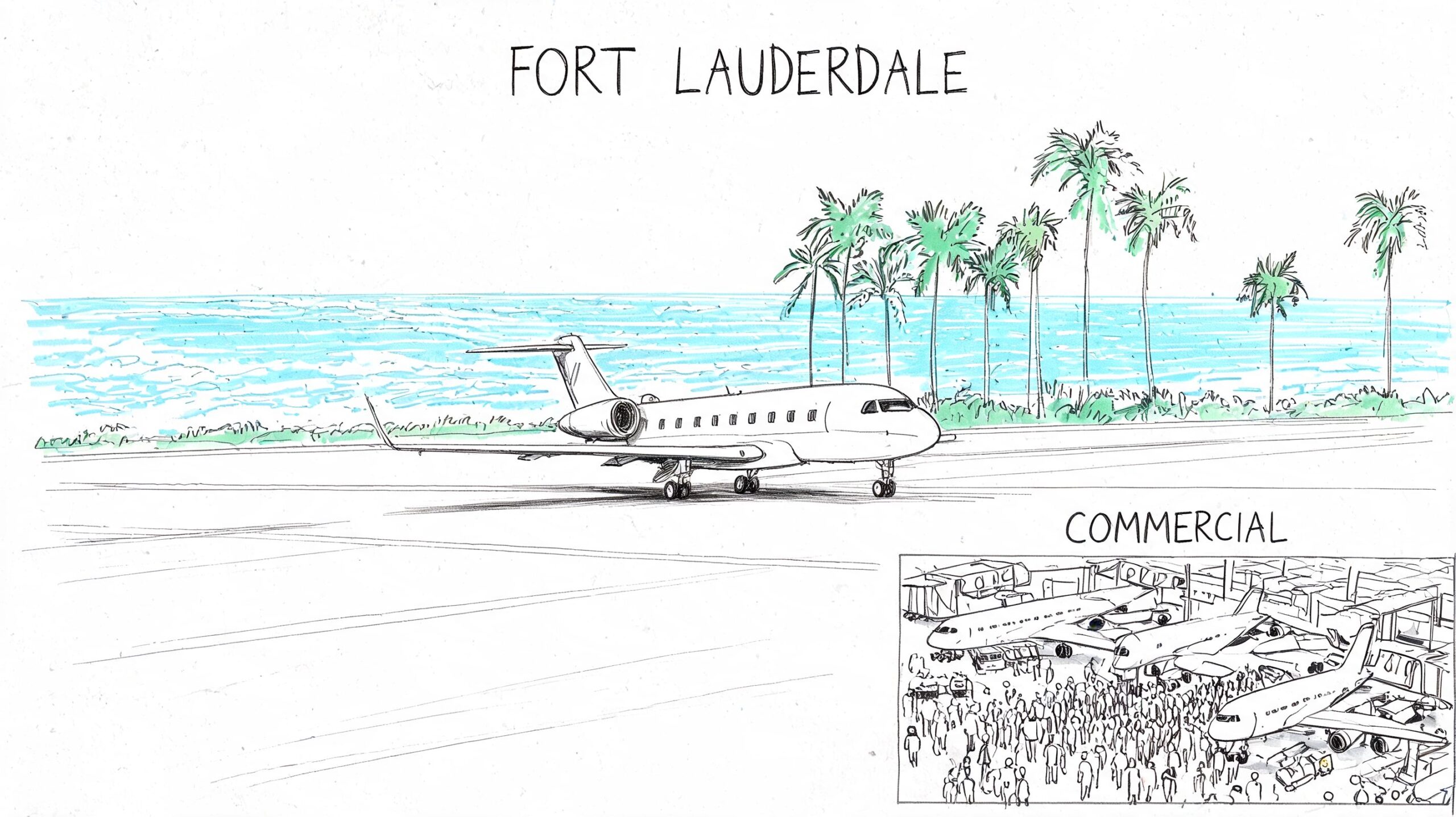 A hand-drawn sketch contrasting a private jet in sunny Fort Lauderdale with a busy commercial airport terminal.