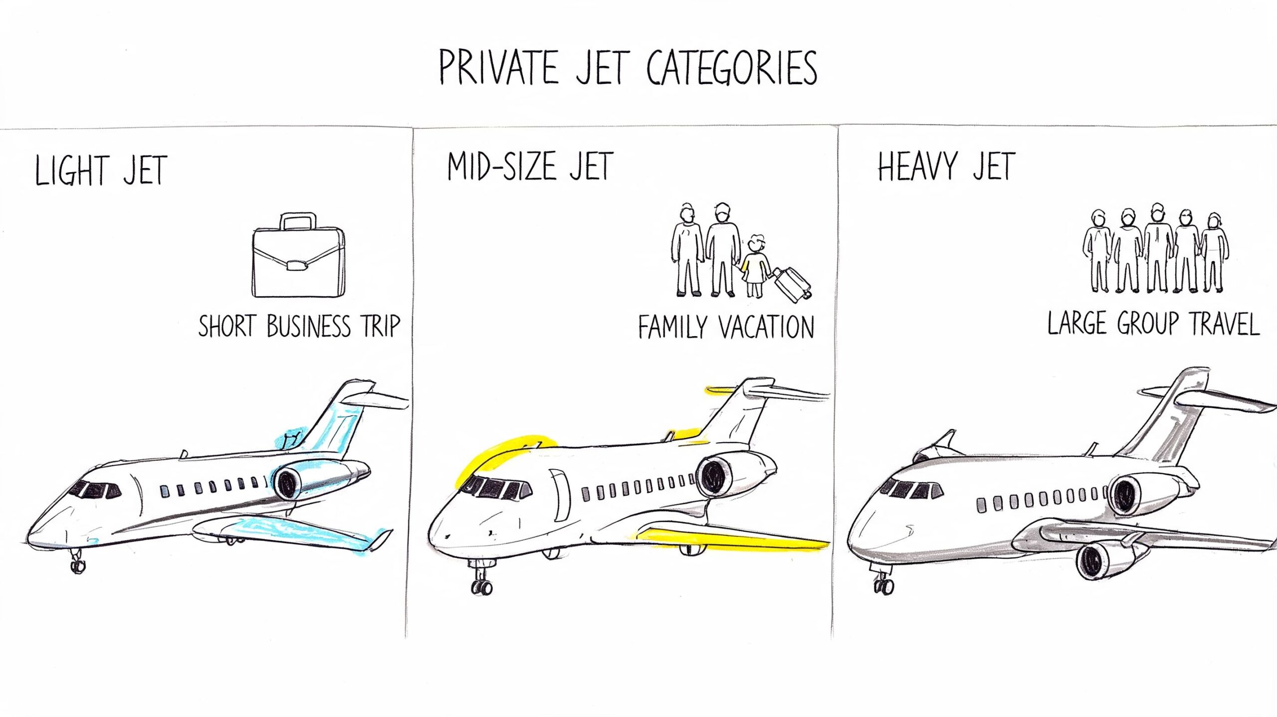 An illustration comparing light, mid-size, and heavy private jet categories for different types of air travel.