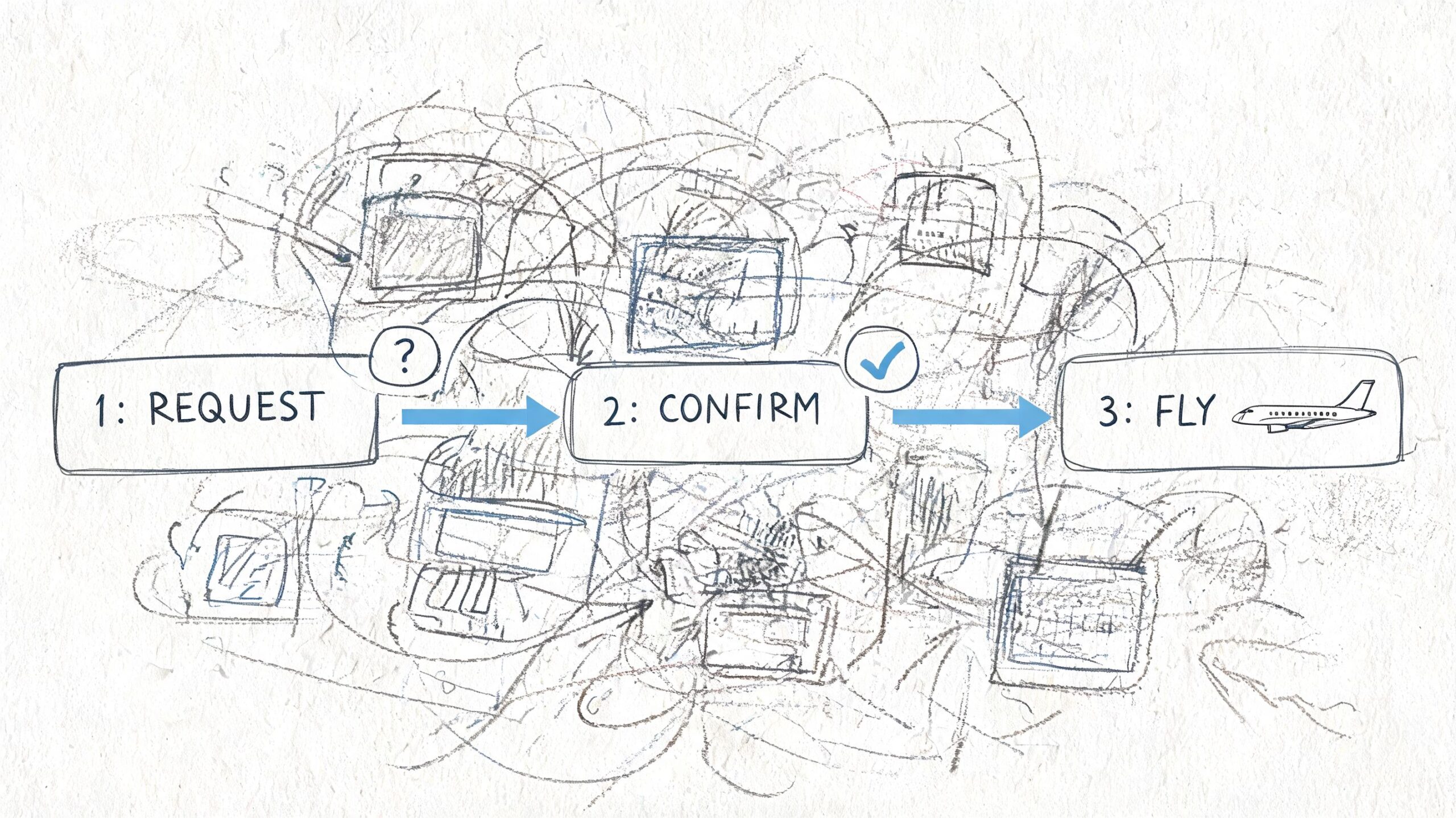 A simple sketch flowchart showing the three steps of private jet travel: request, confirm, and fly.