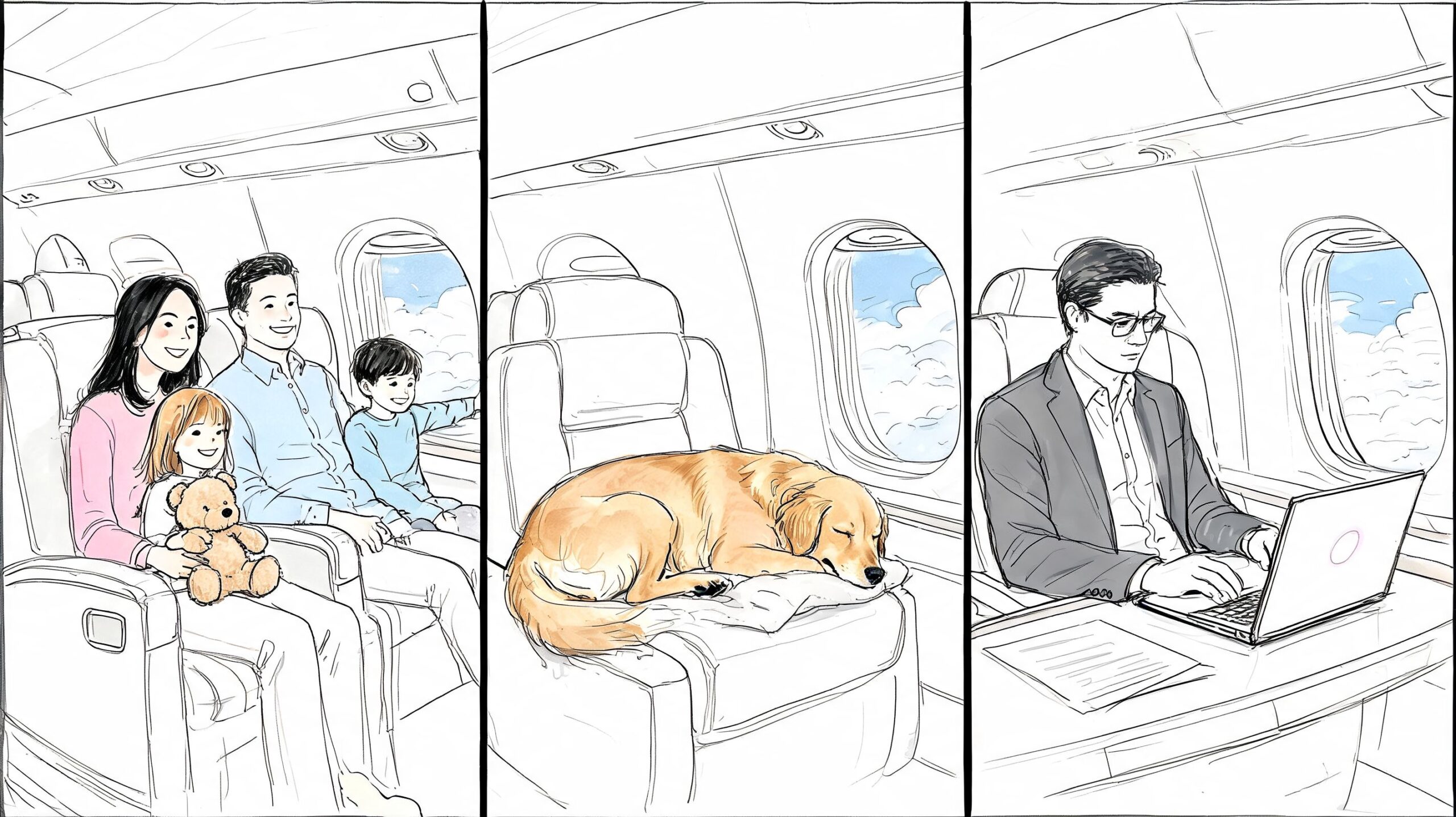 Three panels illustrating a family, a sleeping dog, and a professional working inside a private jet.