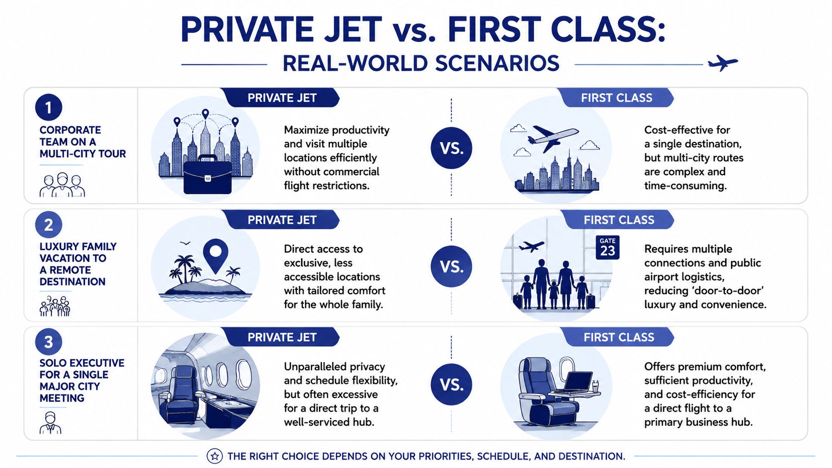 A comparison infographic showing the benefits and drawbacks of choosing a private jet versus first-class travel.