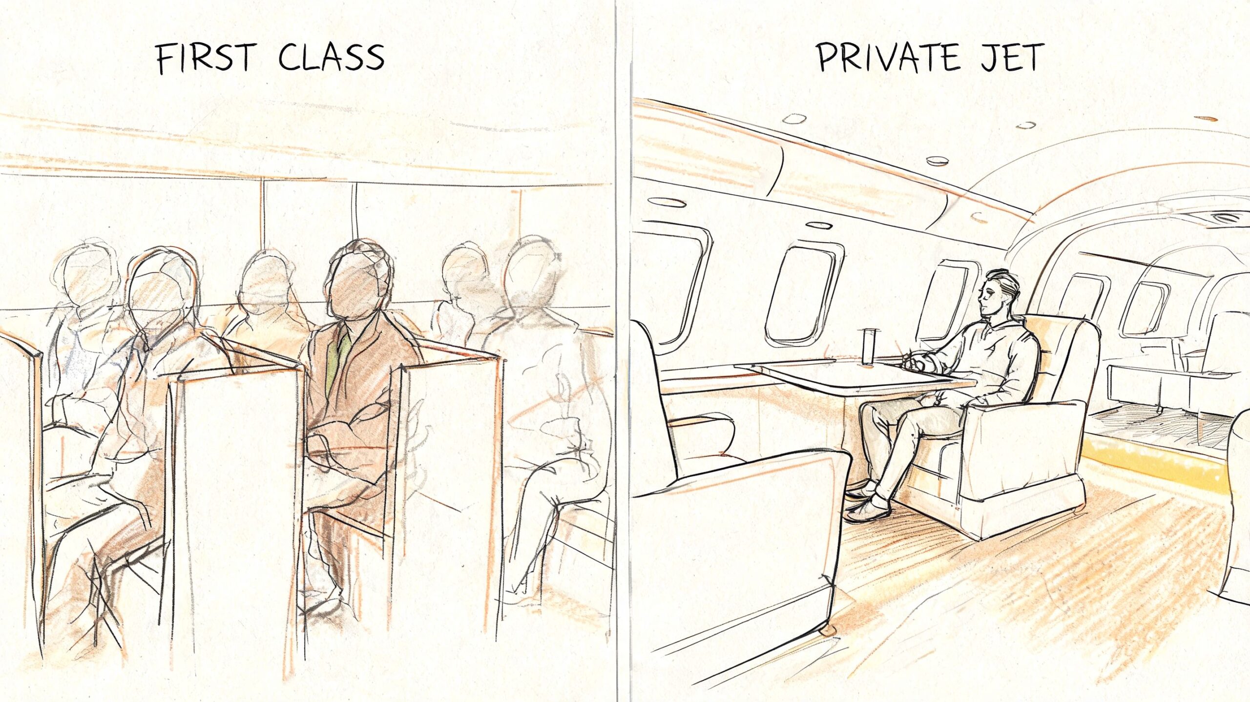 A hand-drawn comparison illustration showing a crowded first class airplane cabin versus a spacious private jet interior.