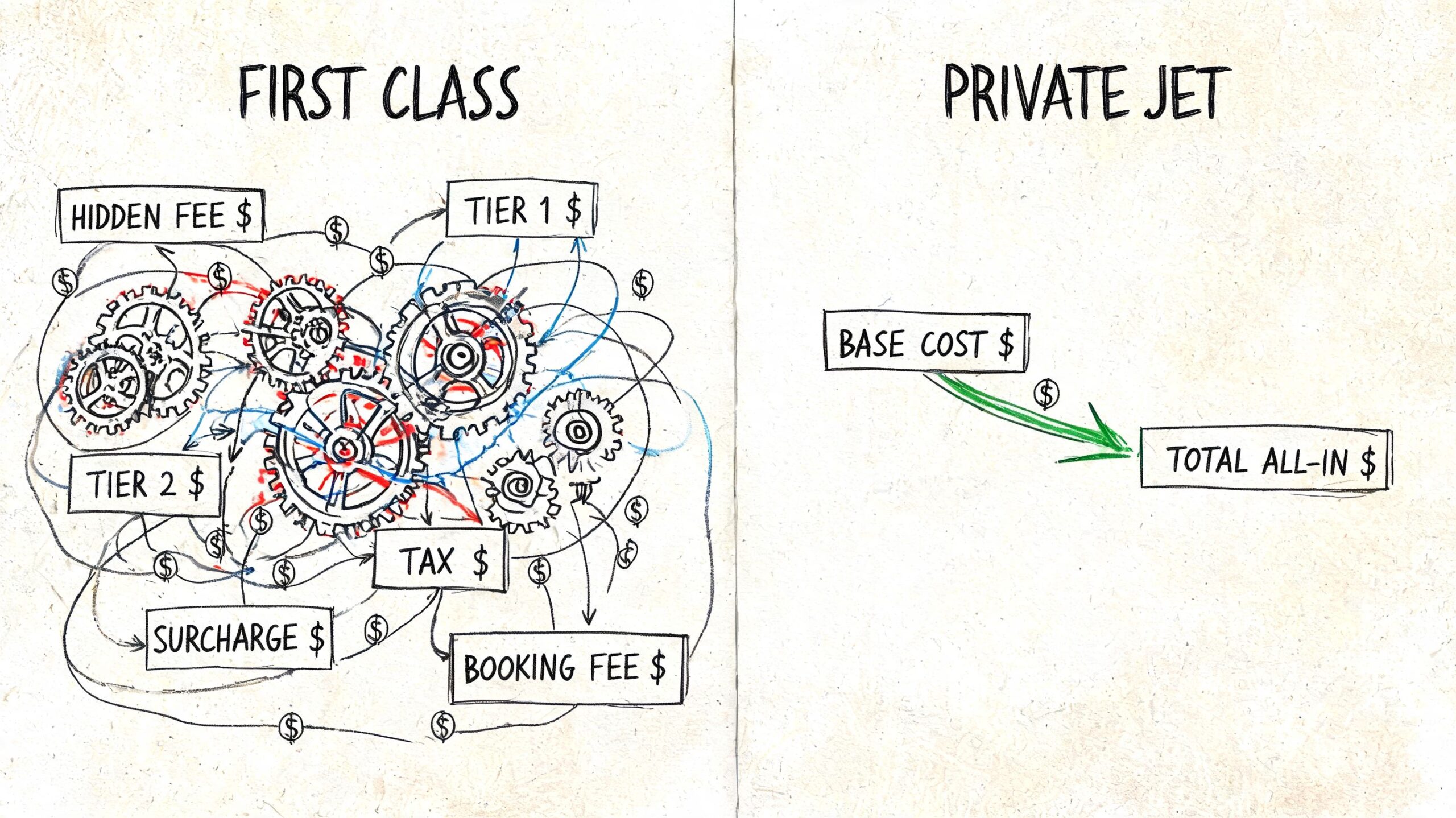 A diagram comparing the complex pricing of first class travel versus the simple cost of private jets.