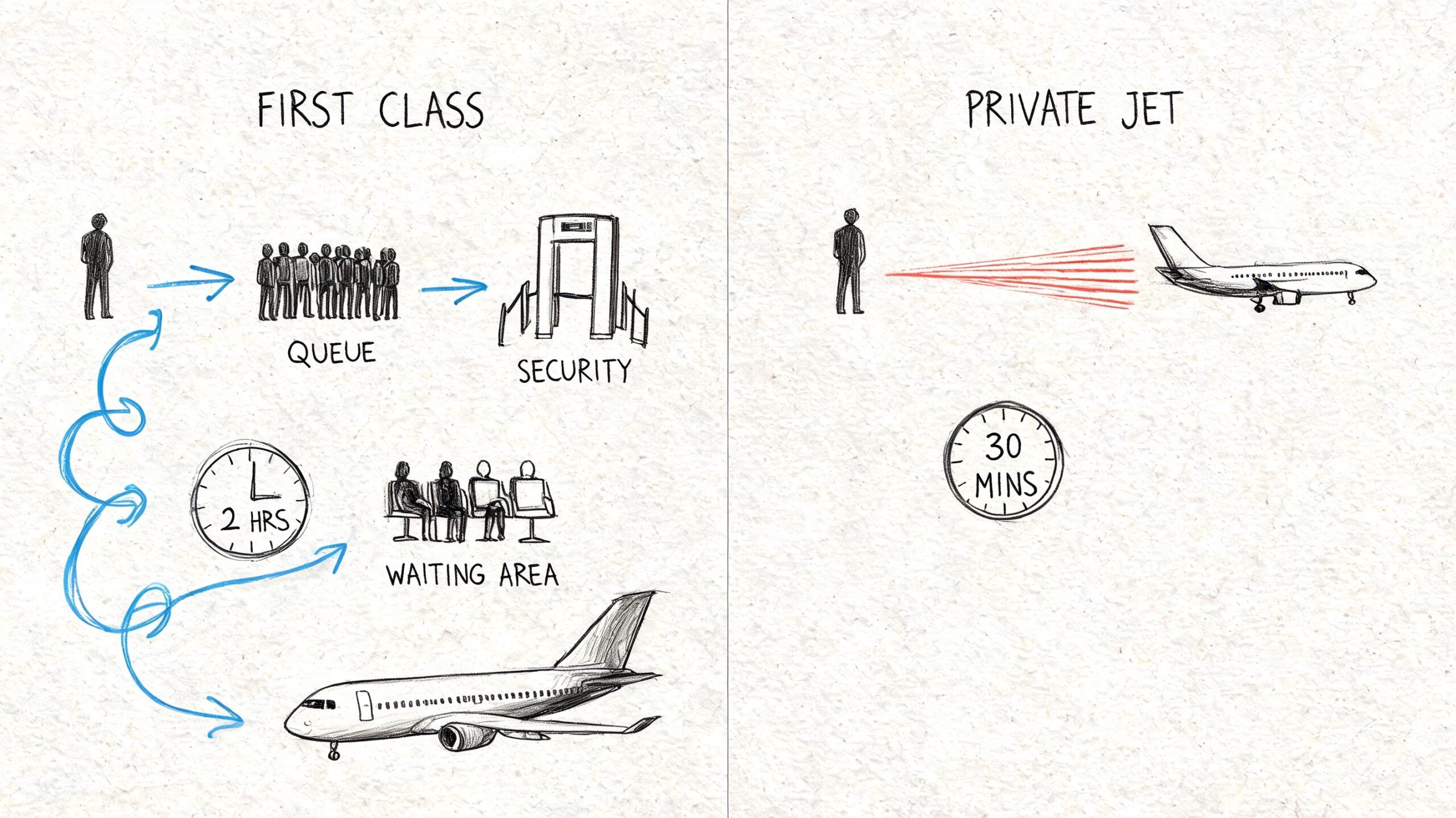 A diagram comparing the time and process difference between traveling first class and flying by private jet.