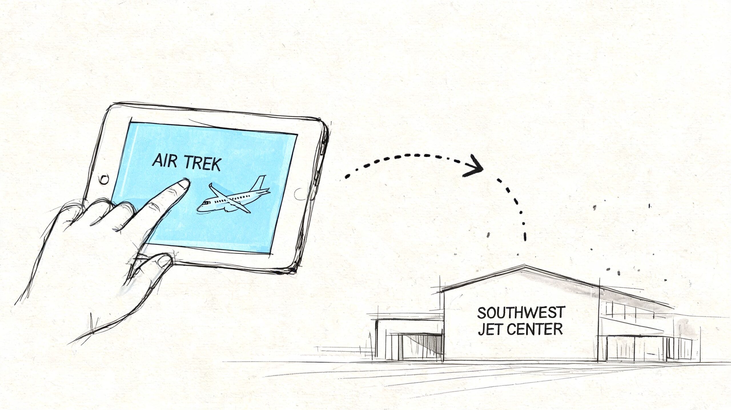 A hand touches a tablet screen displaying the Air Trek logo, indicating a connection to Southwest Jet Center.