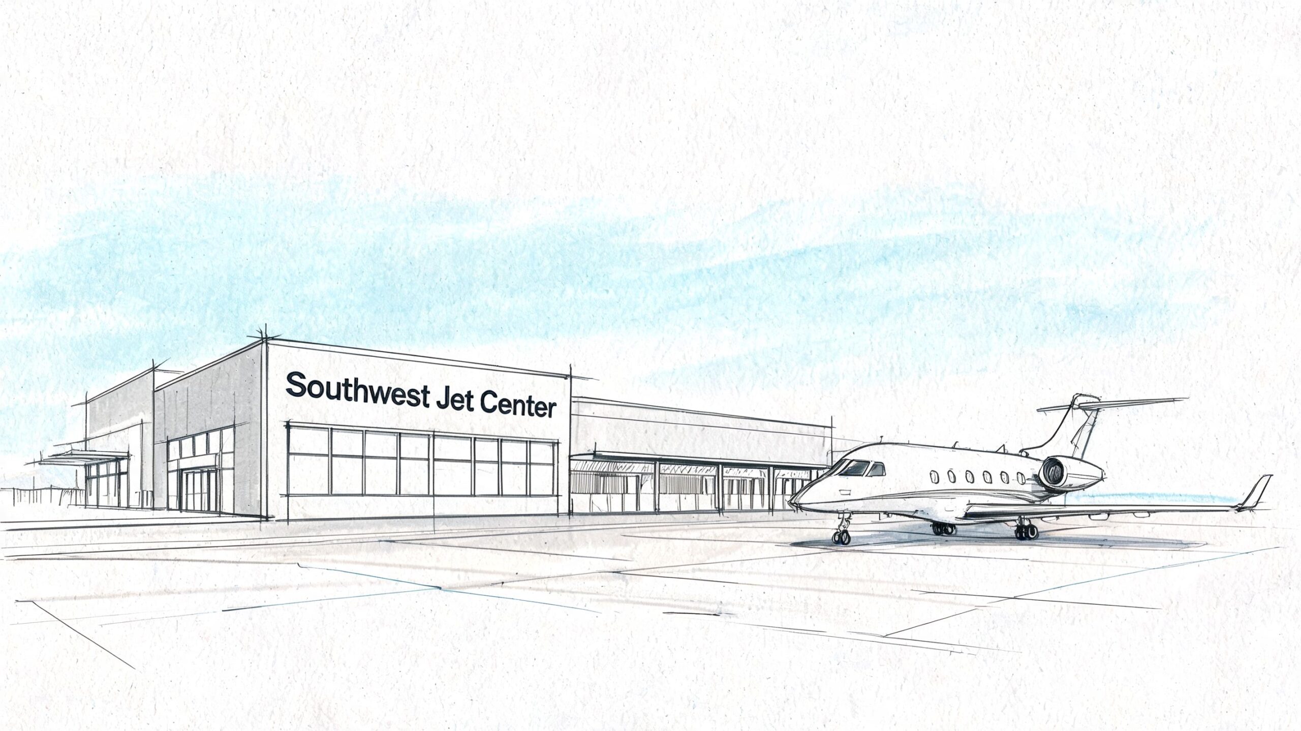 A pencil sketch of the Southwest Jet Center building with a private jet parked on the tarmac.